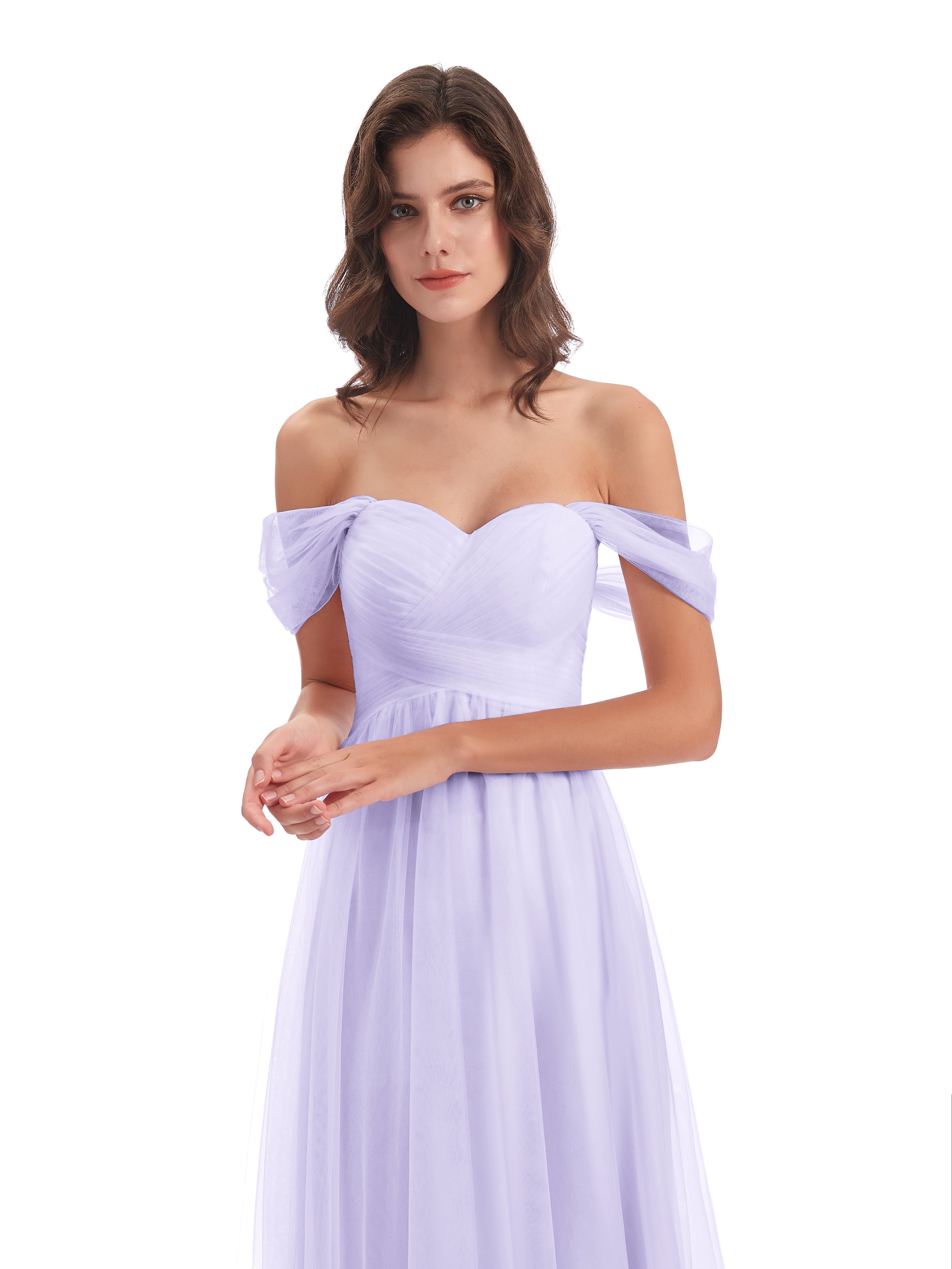 Robe Demoiselle Honneur Lilas Trapèze Hors-La-Épaule Tulle Longue Robes Demoiselle D'Honneur