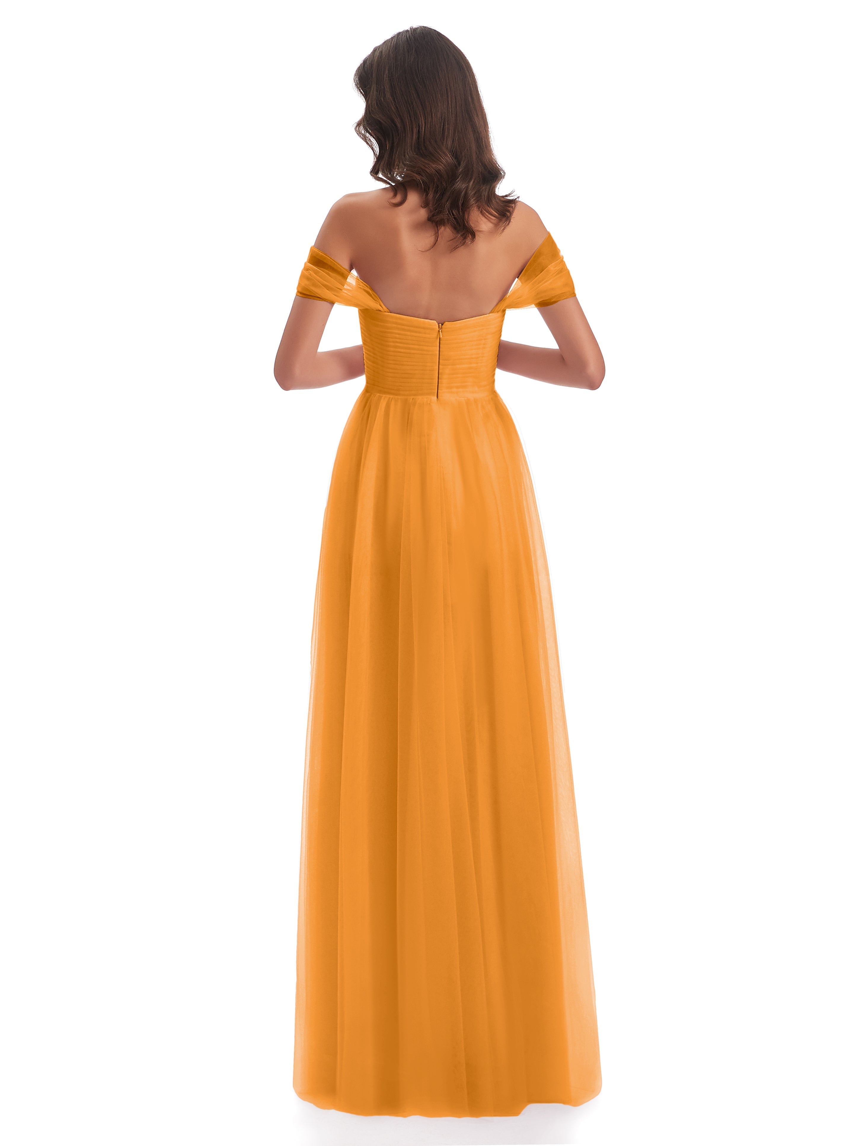 Robes De Demoiselle D'Honneur Mandarine Trapèze Hors-La-Épaule Tulle Longue Robes Demoiselle D'Honneur