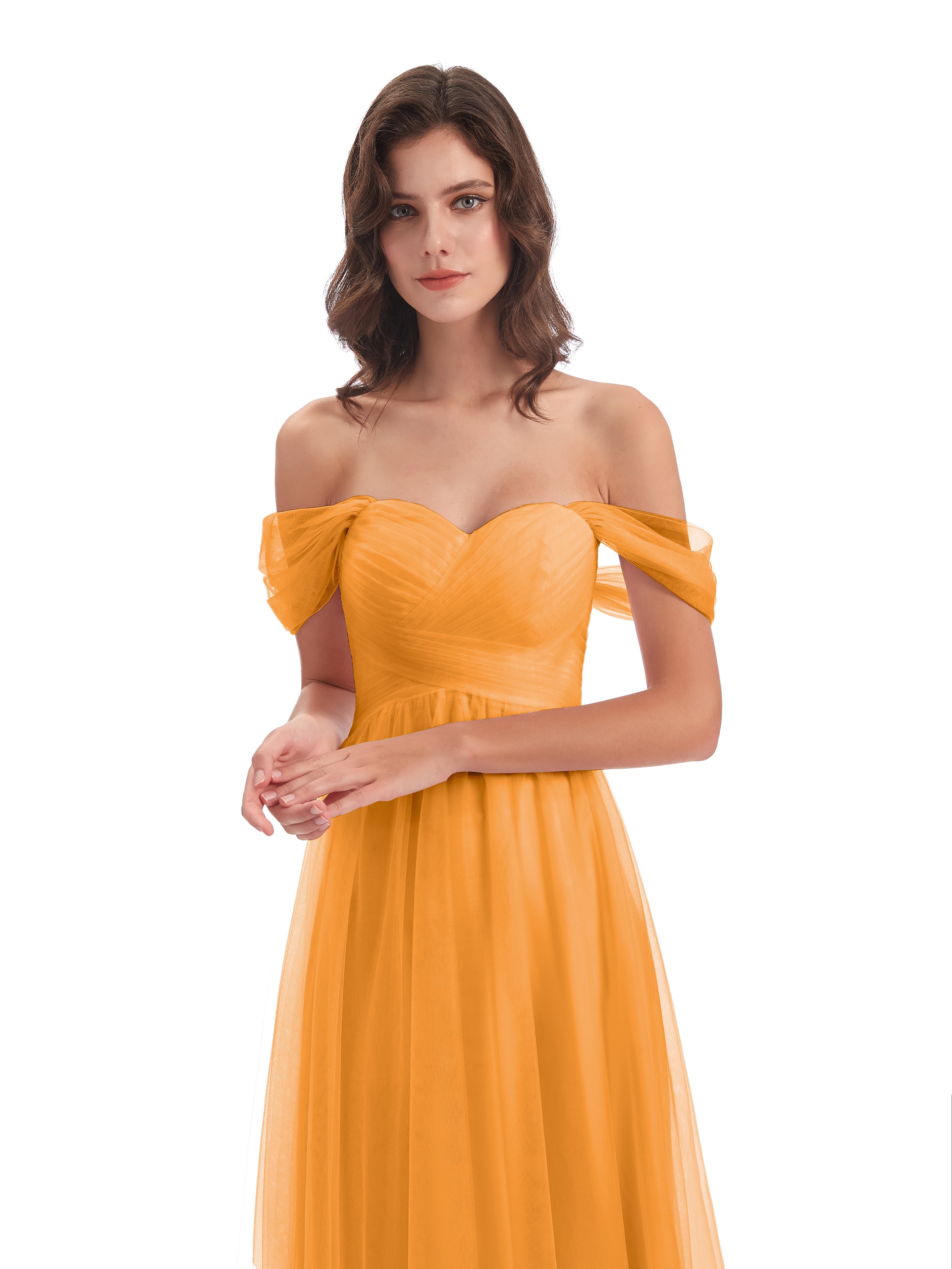 Robes De Demoiselle D'Honneur Mandarine Trapèze Hors-La-Épaule Tulle Longue Robes Demoiselle D'Honneur