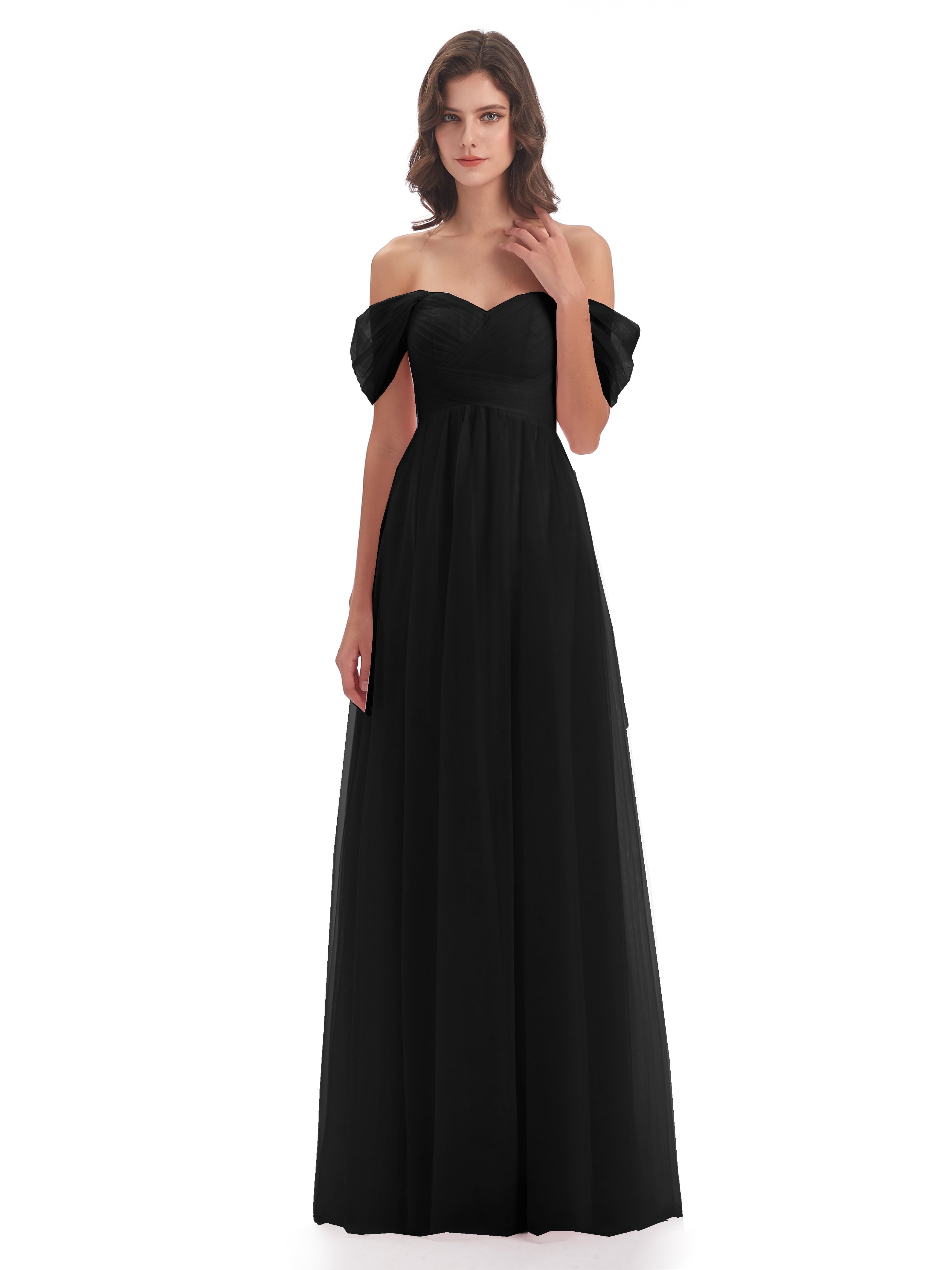 Robes De Demoiselle D'Honneur Noires Trapèze Hors-La-Épaule Tulle Longue Robes Demoiselle D'Honneur