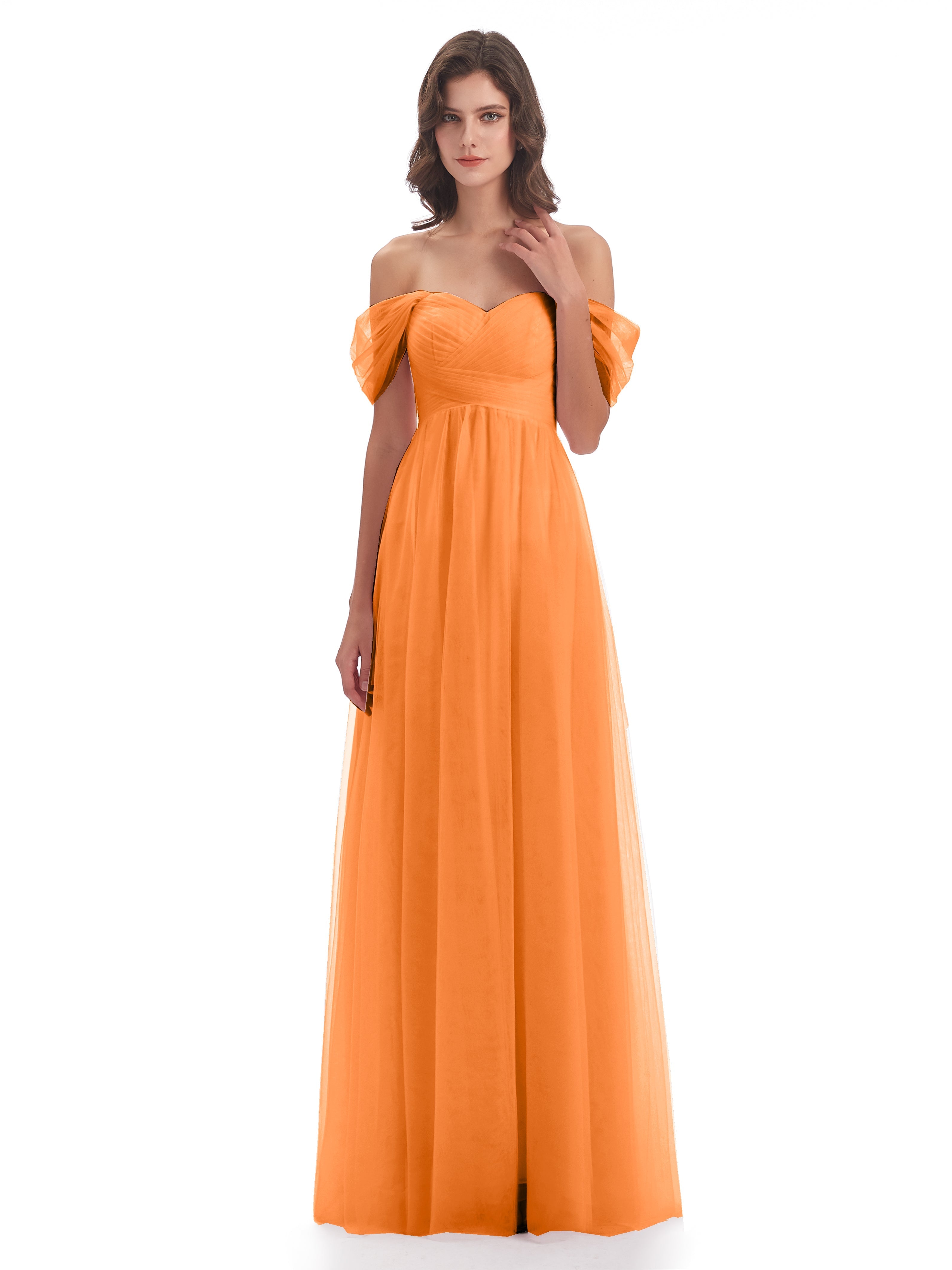 Robe Orange Demoiselle D Honneur Trapèze Hors-La-Épaule Tulle Longue Robes Demoiselle D'Honneur