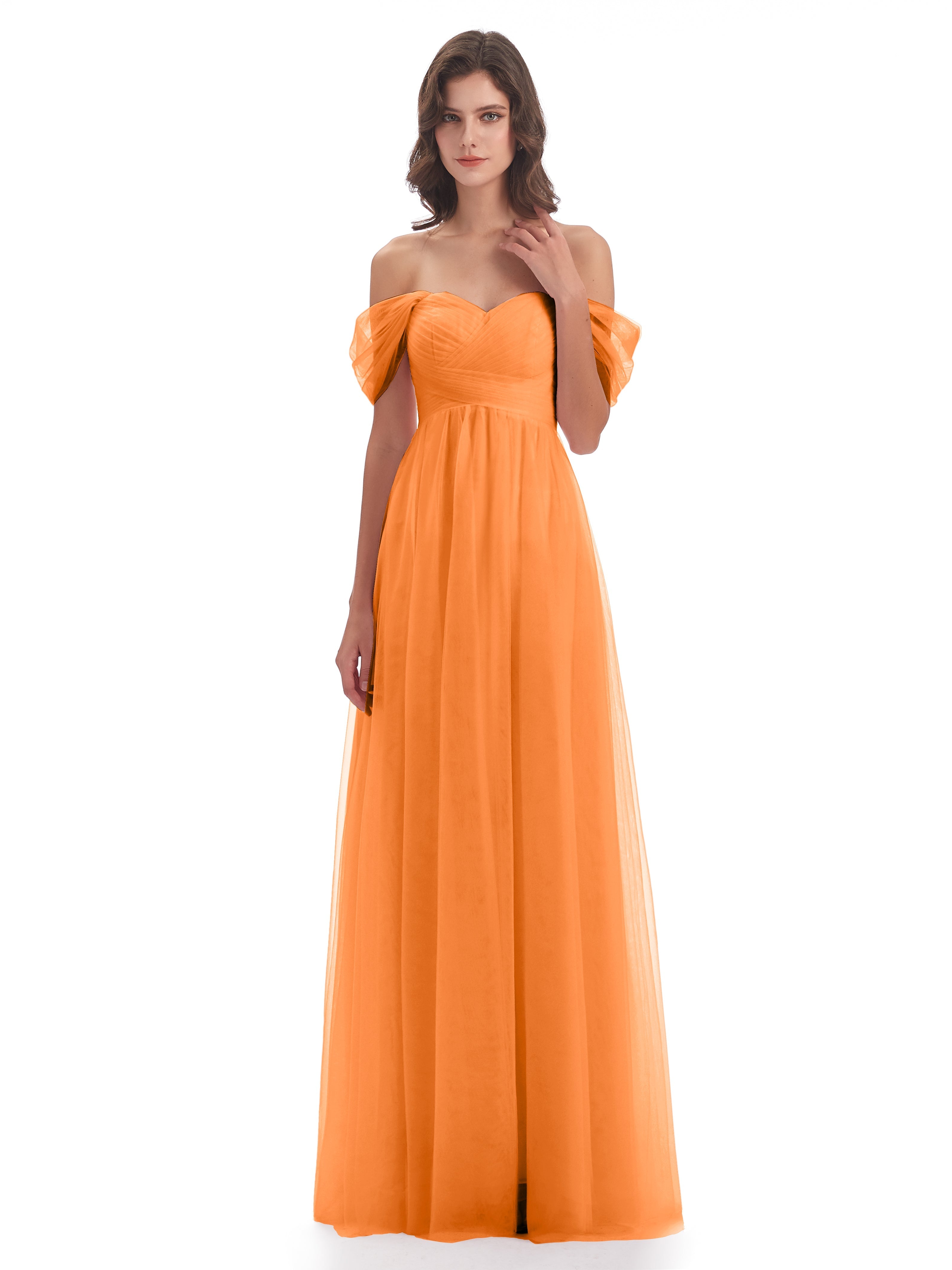 Robe Orange Demoiselle D Honneur Trapèze Hors-La-Épaule Tulle Longue Robes Demoiselle D'Honneur