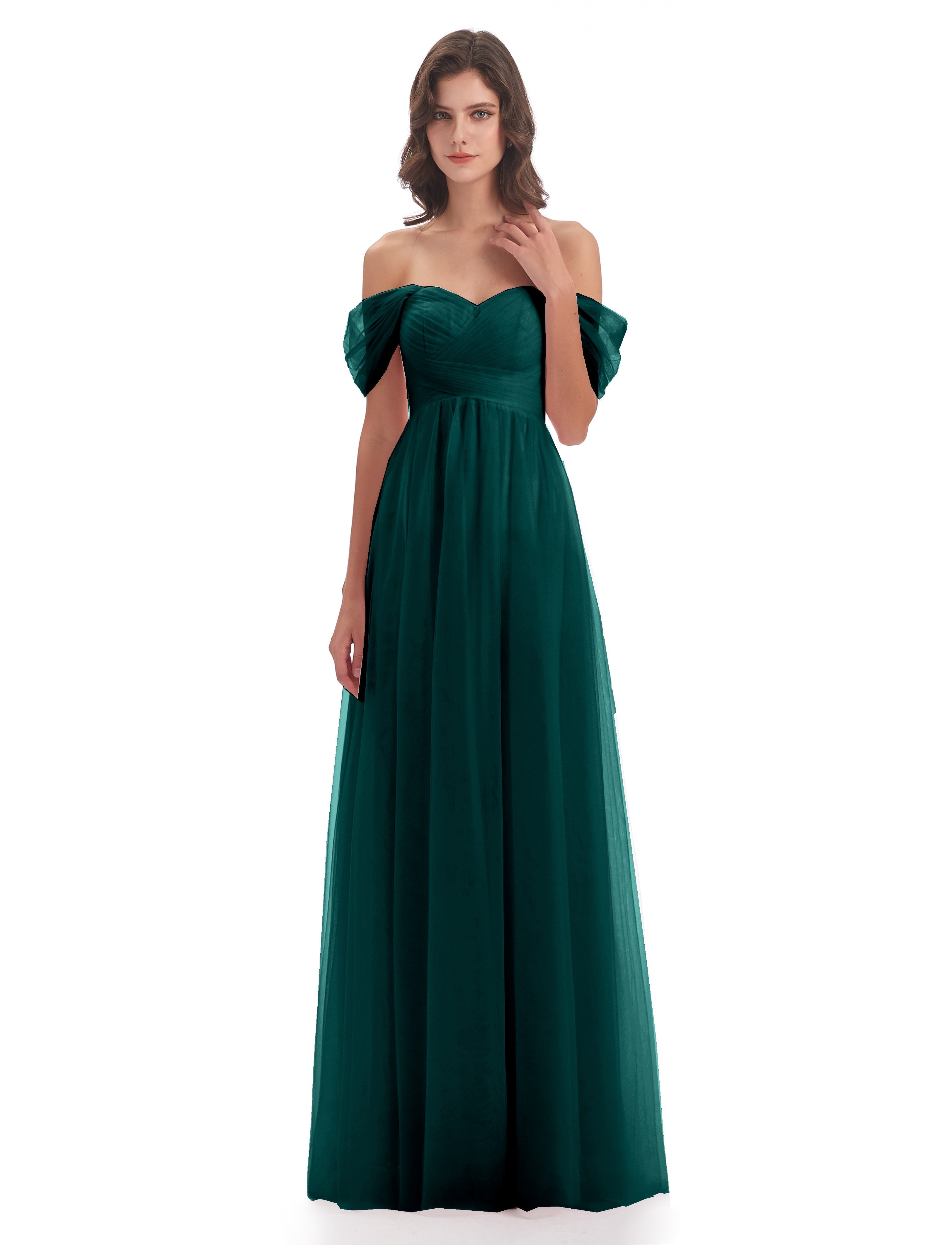 Demoiselles D'Honneur De Paon Trapèze Hors-La-Épaule Tulle Longue Robes Demoiselle D'Honneur