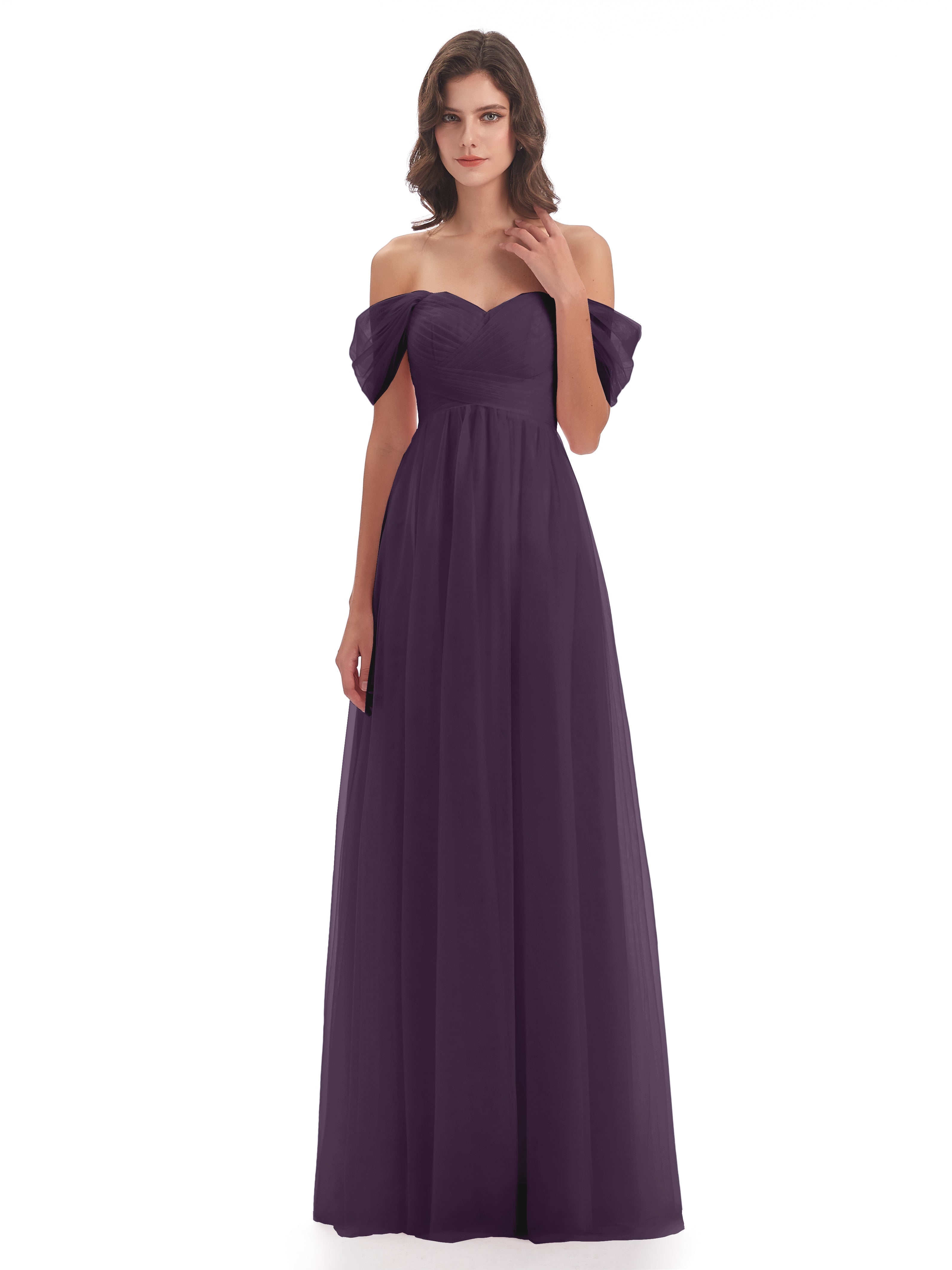 Robe Demoiselle D Honneur Plume Trapèze Hors-La-Épaule Tulle Longue Robes Demoiselle D'Honneur