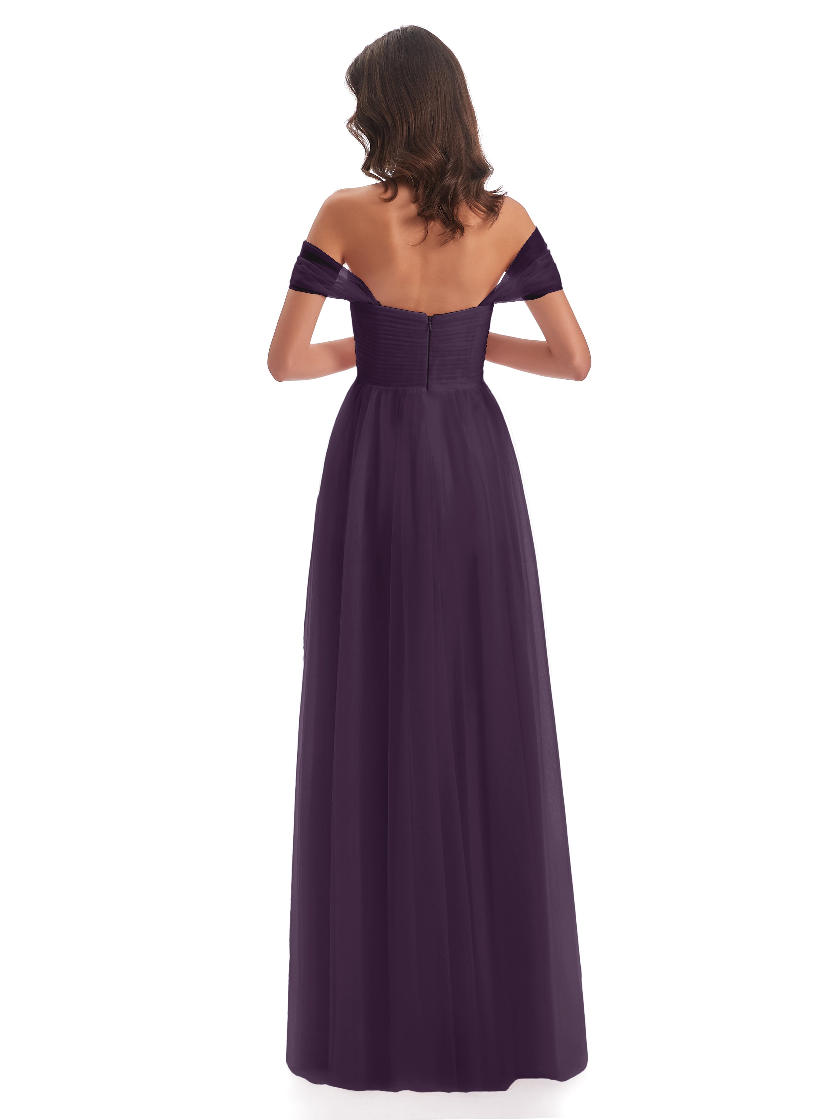 Robe Demoiselle D Honneur Plume Trapèze Hors-La-Épaule Tulle Longue Robes Demoiselle D'Honneur