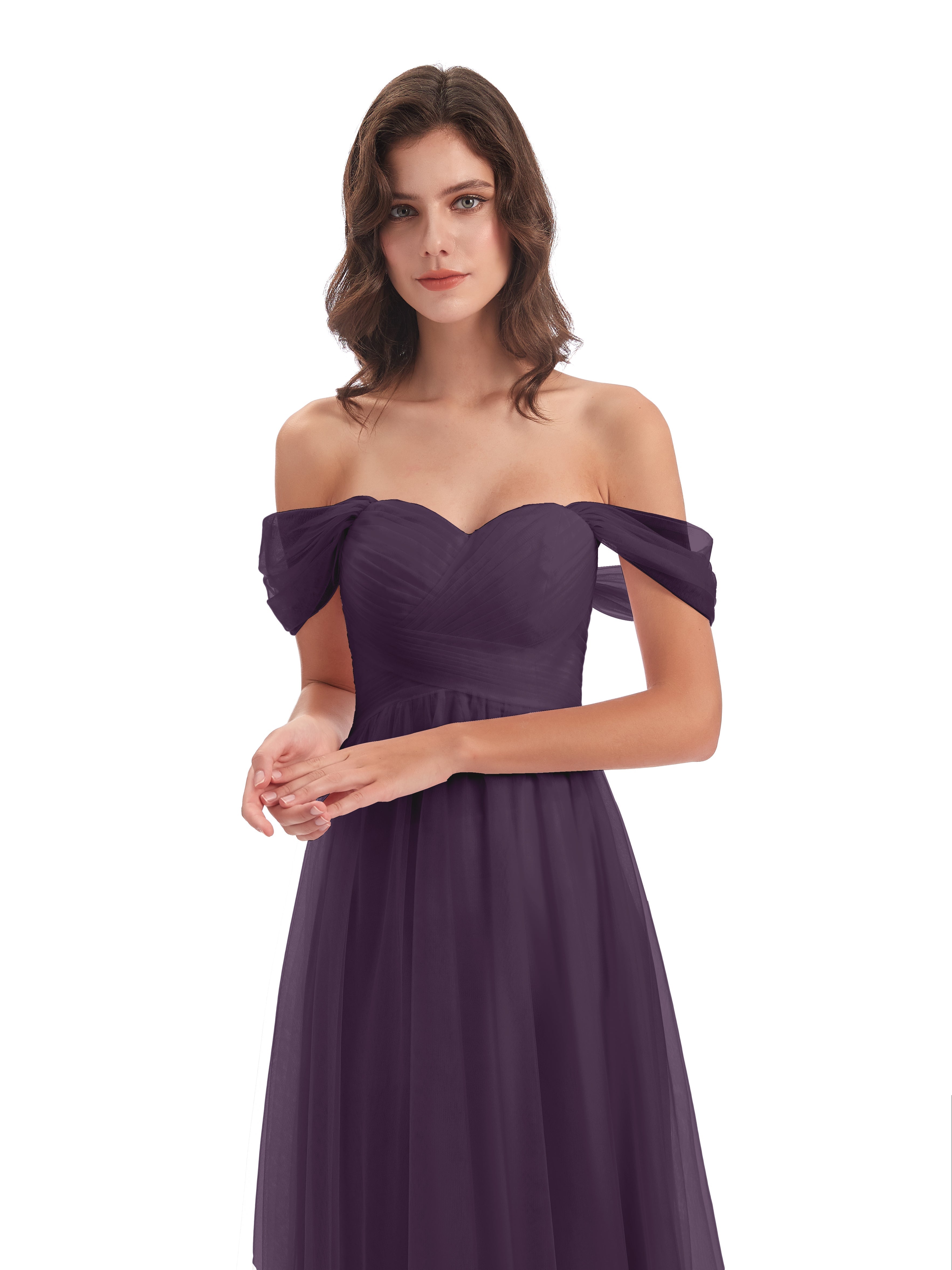 Robe Demoiselle D Honneur Plume Trapèze Hors-La-Épaule Tulle Longue Robes Demoiselle D'Honneur