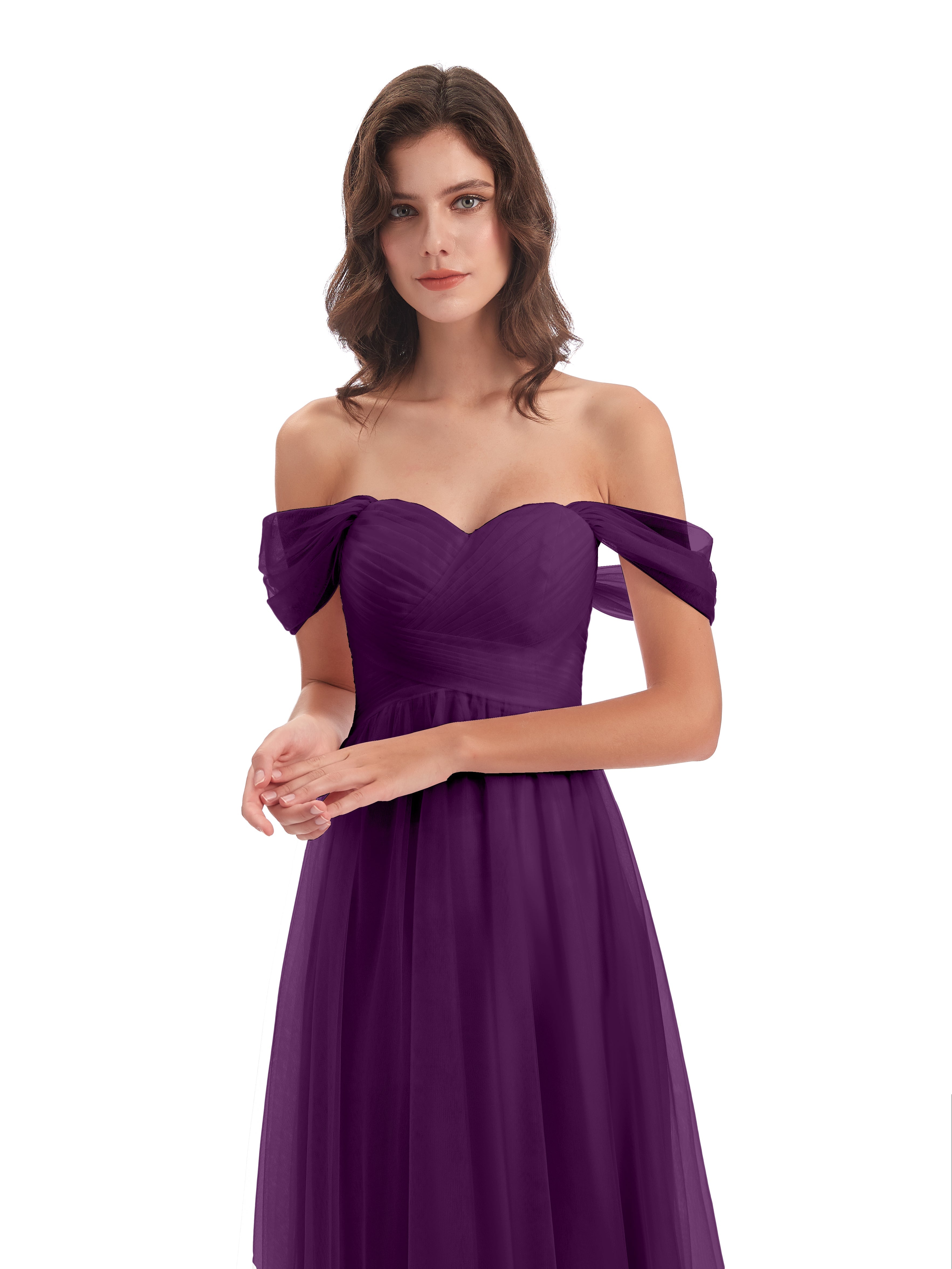 Robes De Demoiselle D'Honneur En Raisin Trapèze Hors-La-Épaule Tulle Longue Robes Demoiselle D'Honneur