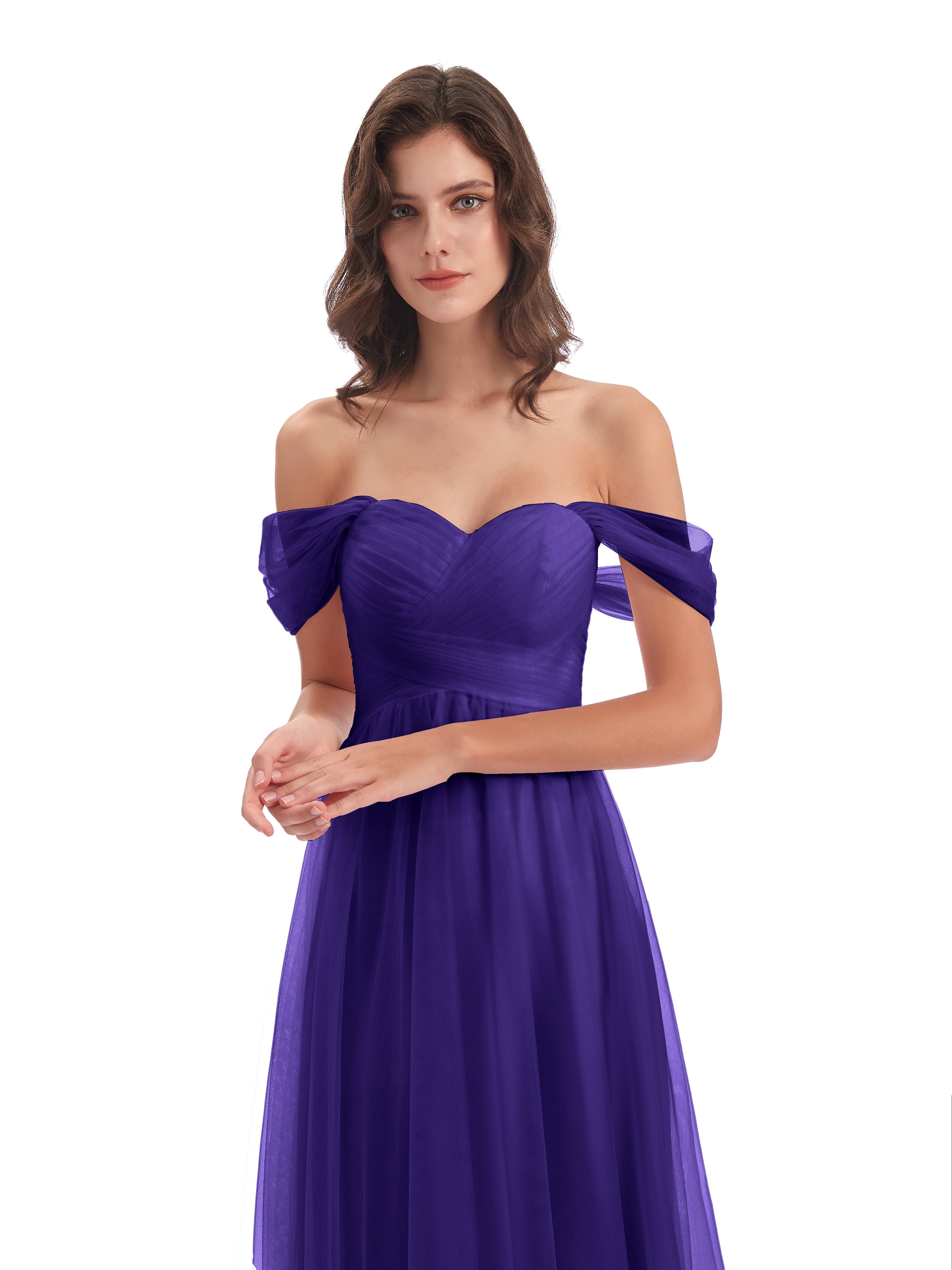Robes De Demoiselle D'Honneur En Régence Trapèze Hors-La-Épaule Tulle Longue Robes Demoiselle D'Honneur