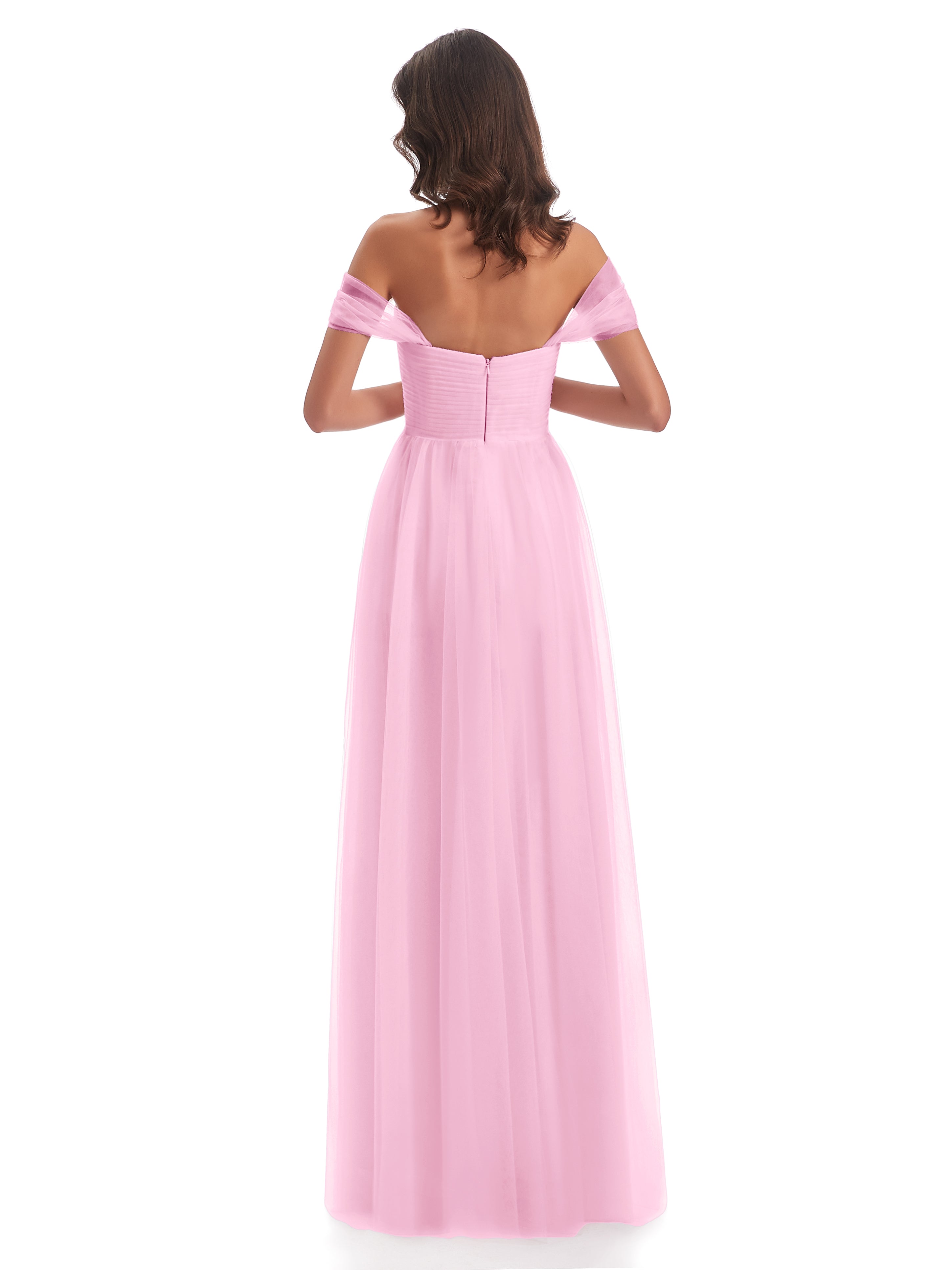 Robe Demoiselle D Honneur Rose Bonbon Trapèze Hors-La-Épaule Tulle Longue Robes Demoiselle D'Honneur