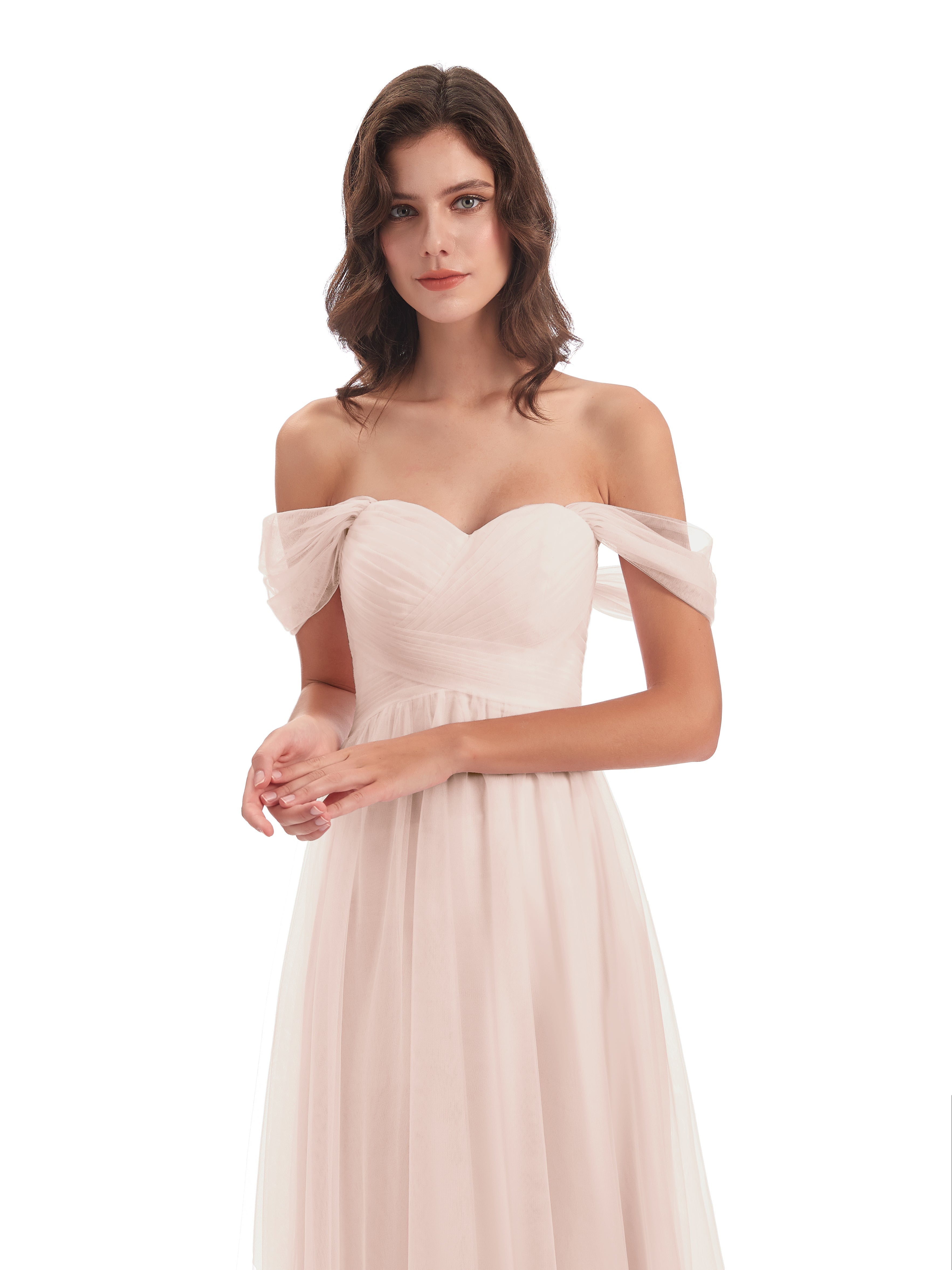 Robe Demoiselle D Honneur Rose Perle Trapèze Hors-La-Épaule Tulle Longue Robes Demoiselle D'Honneur