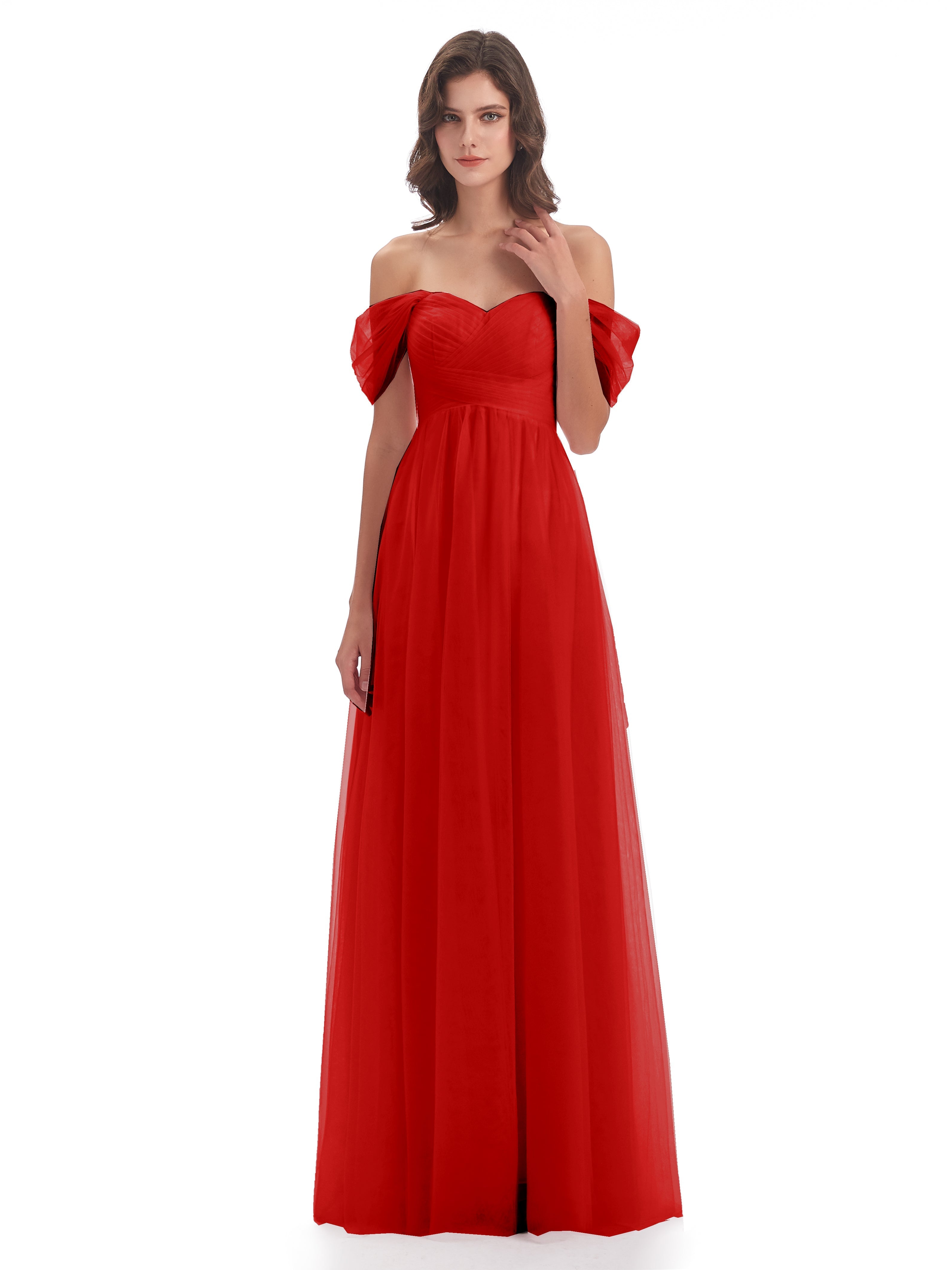 Robe Demoiselle D Honneur Rouge Trapèze Hors-La-Épaule Tulle Longue Robes Demoiselle D'Honneur