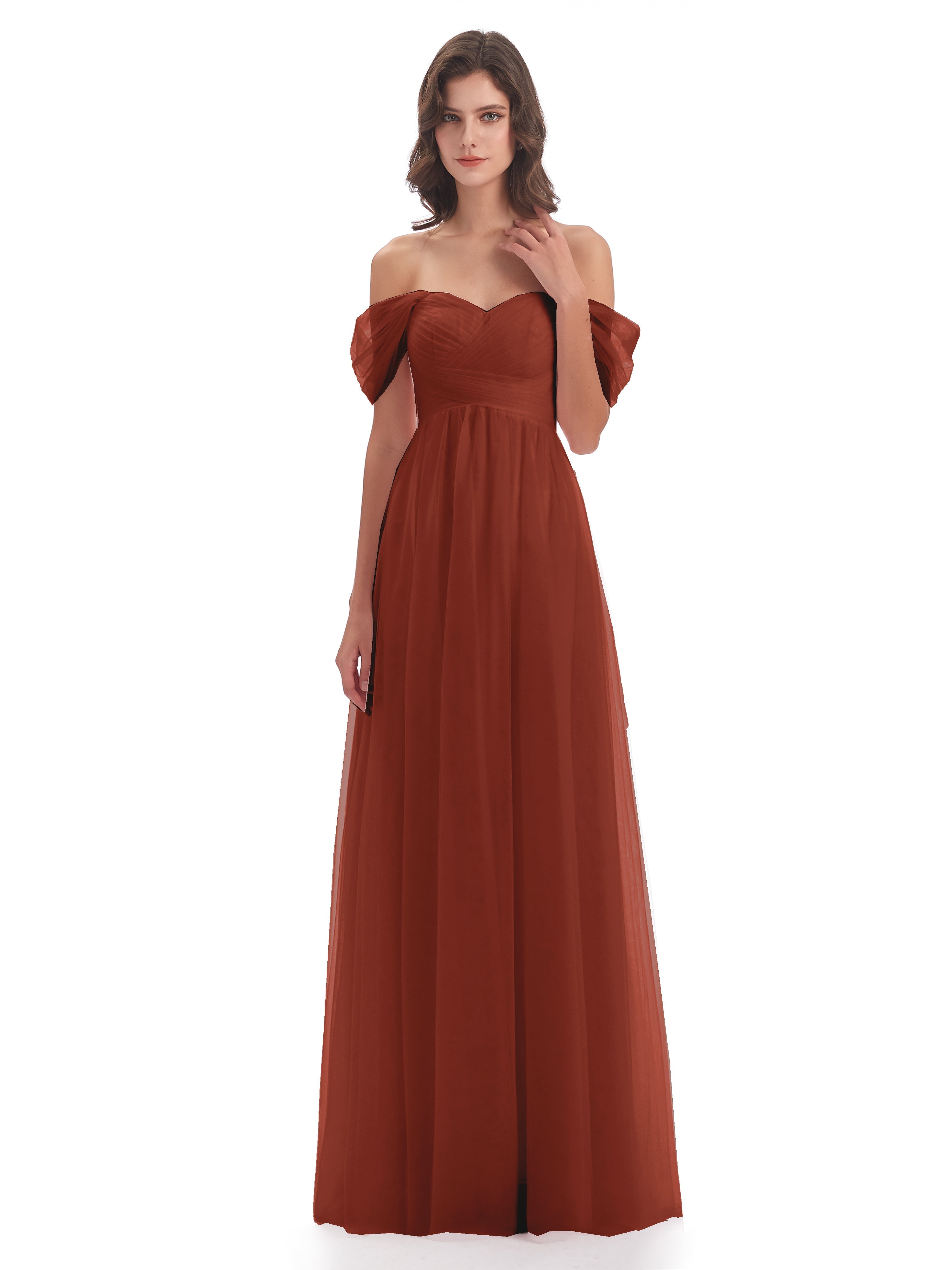 Robes De Demoiselle D'Honneur En Mousseline De Rouille Trapèze Hors-La-Épaule Tulle Longue Robes Demoiselle D'Honneur