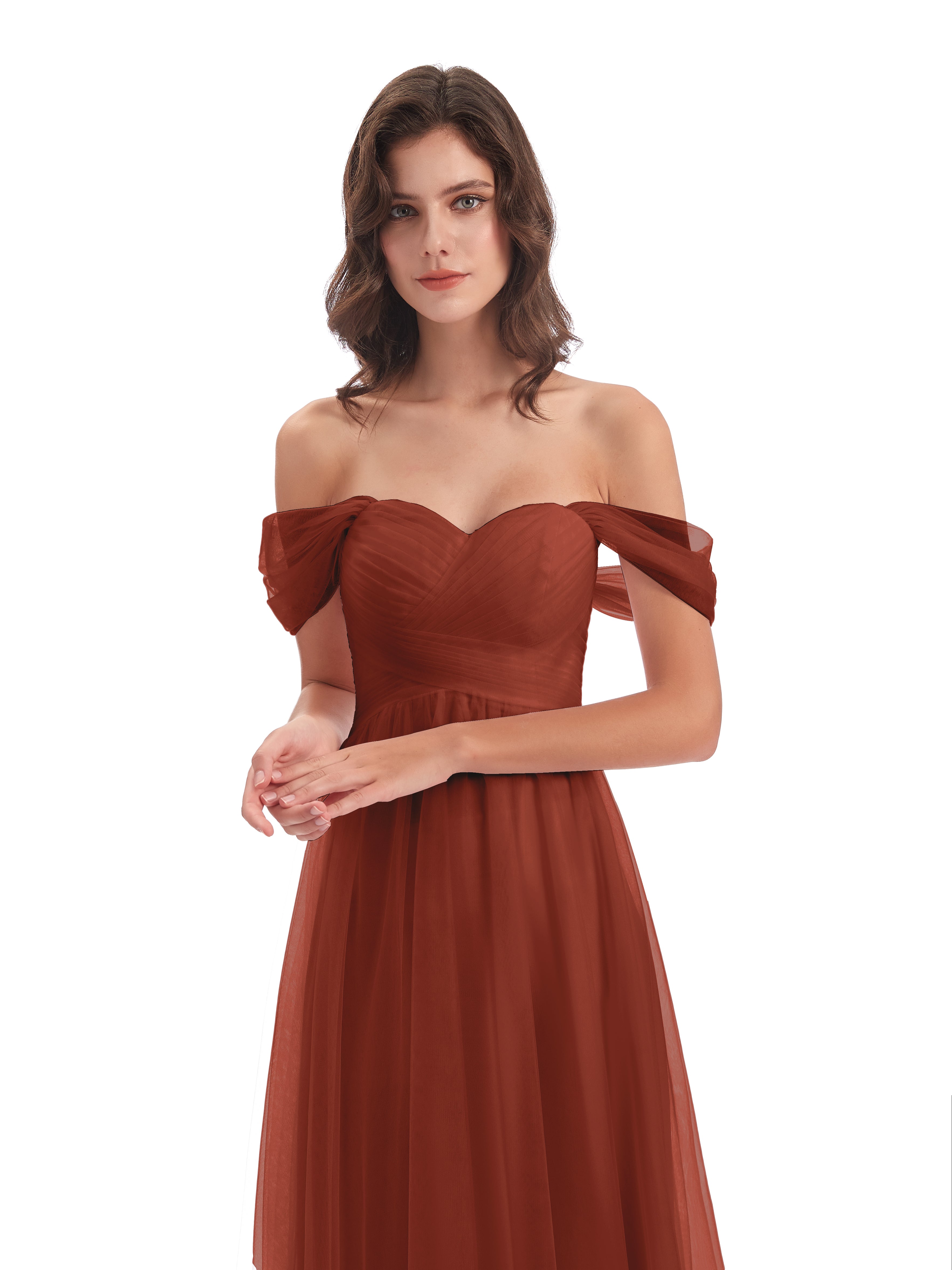 Robes De Demoiselle D'Honneur En Mousseline De Rouille Trapèze Hors-La-Épaule Tulle Longue Robes Demoiselle D'Honneur