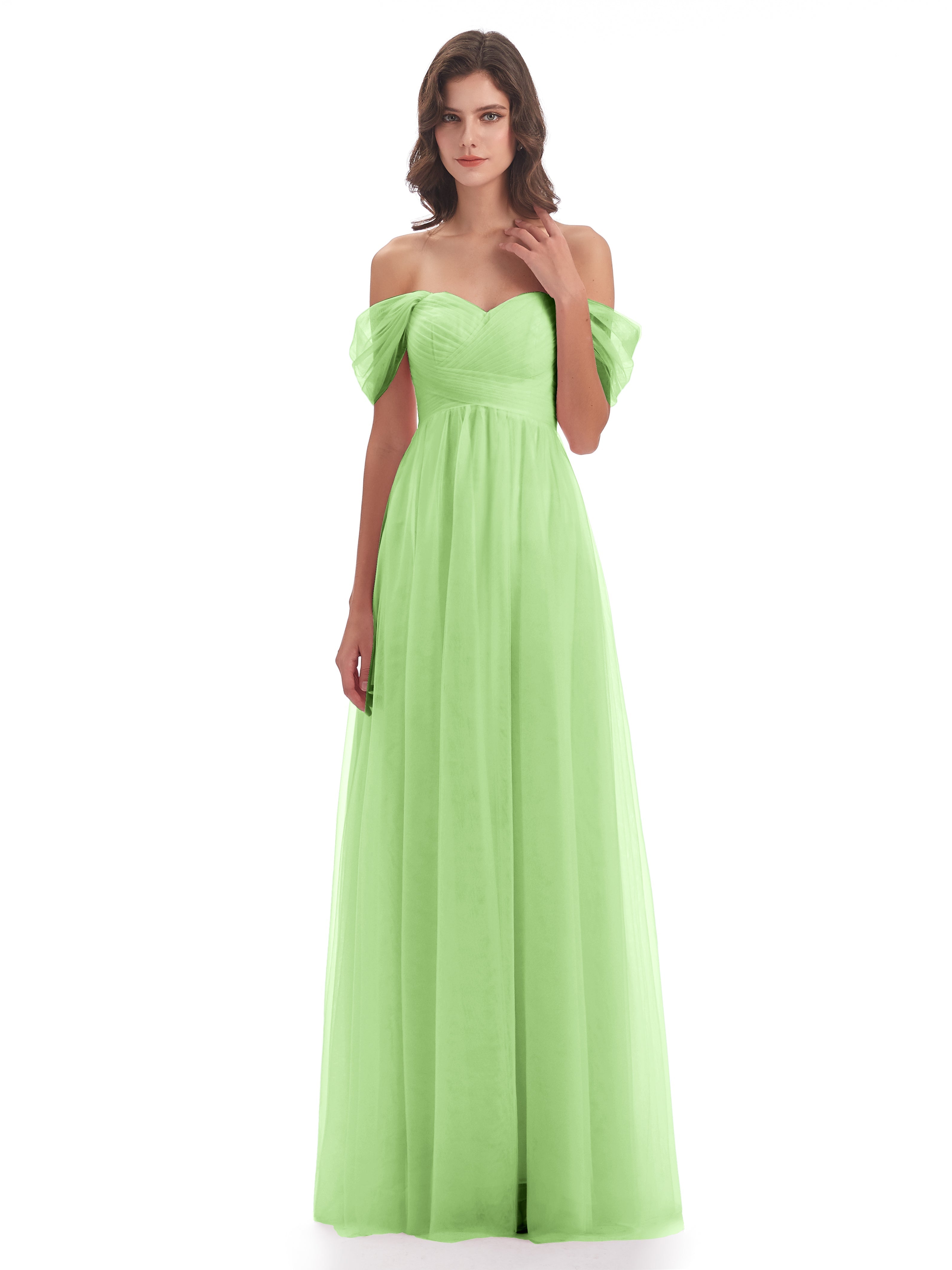 Demoiselle Robe Vert Sauge Trapèze Hors-La-Épaule Tulle Longue Robes Demoiselle D'Honneur