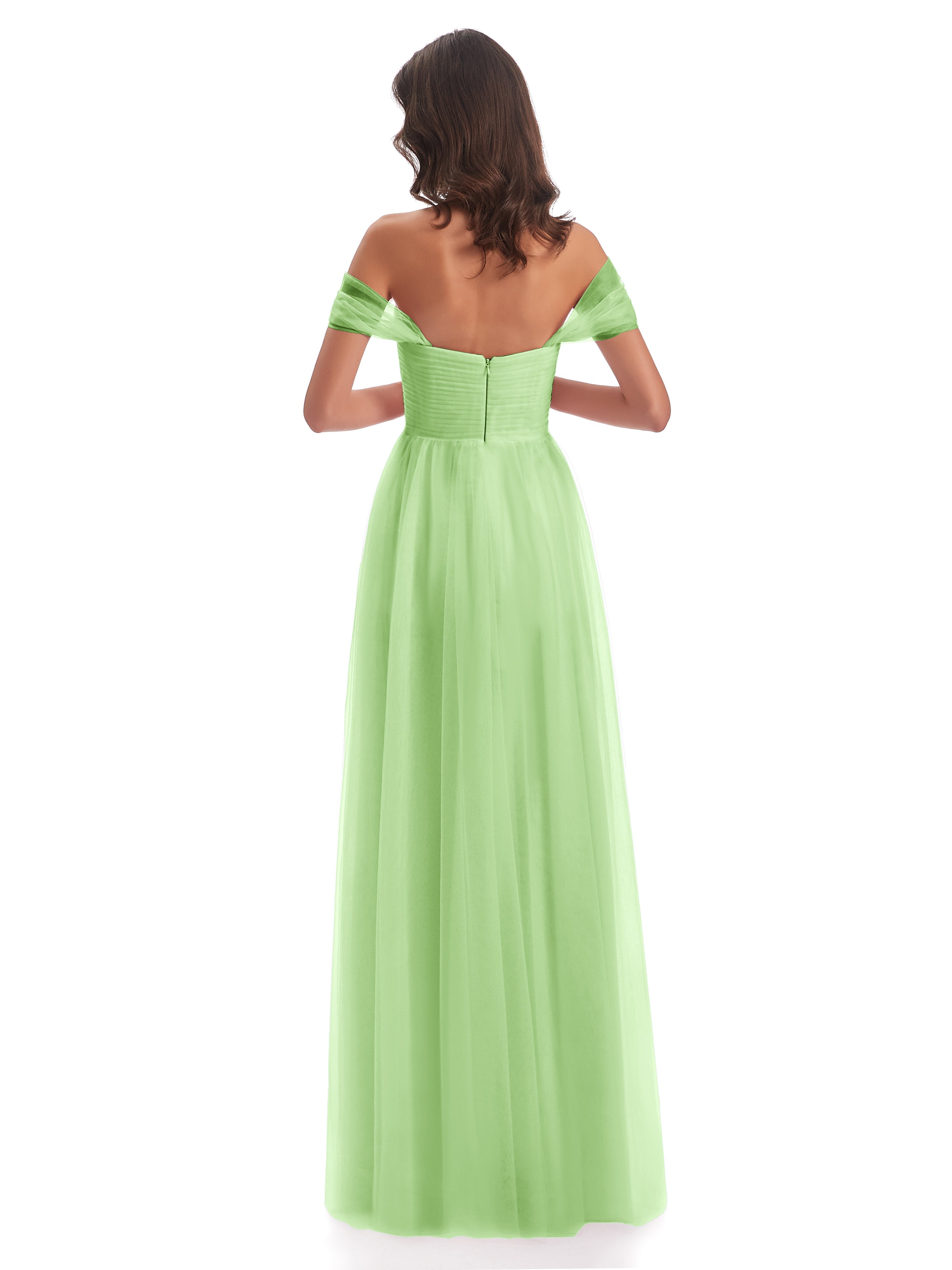 Demoiselle Robe Vert Sauge Trapèze Hors-La-Épaule Tulle Longue Robes Demoiselle D'Honneur