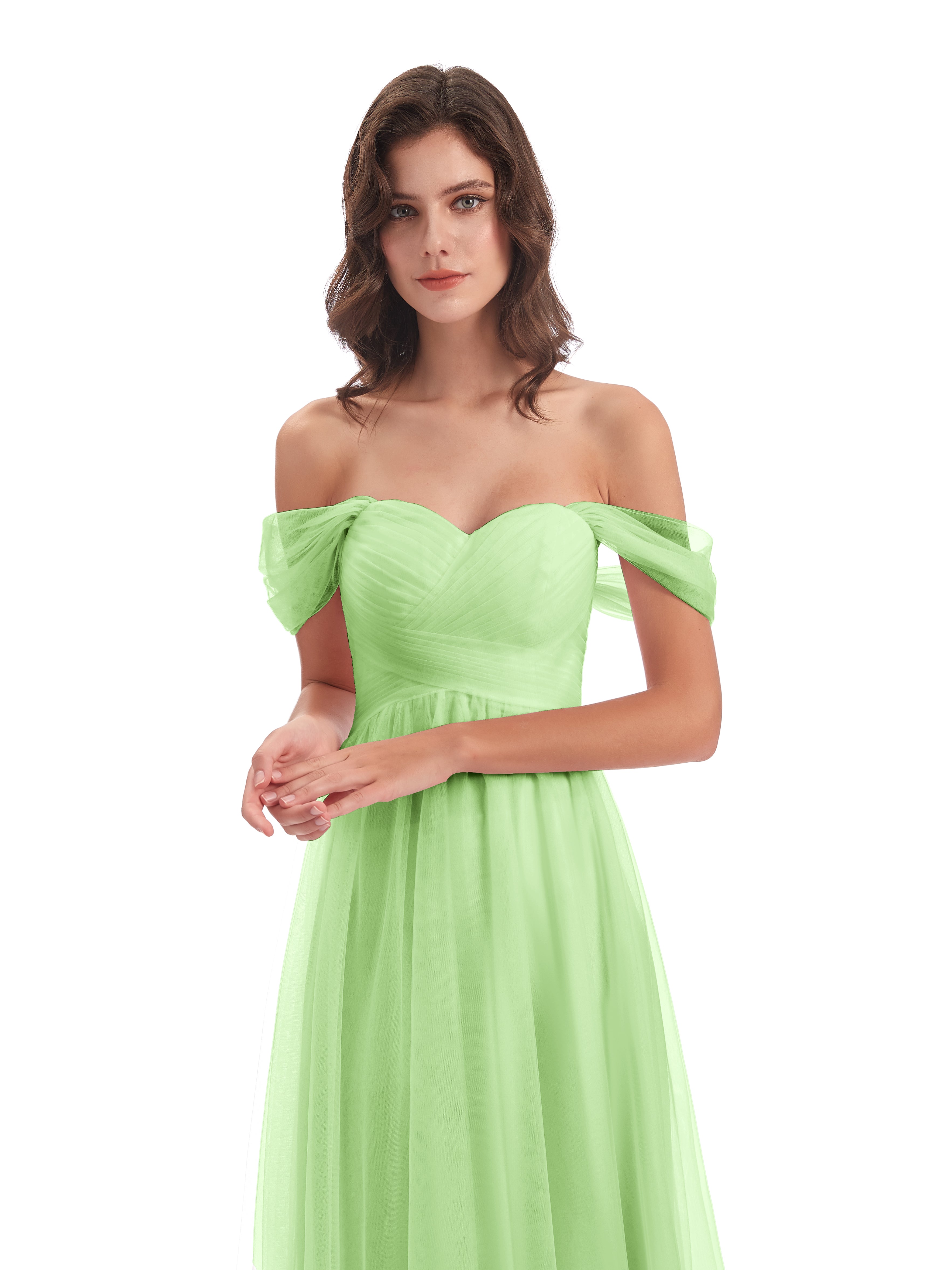 Demoiselle Robe Vert Sauge Trapèze Hors-La-Épaule Tulle Longue Robes Demoiselle D'Honneur