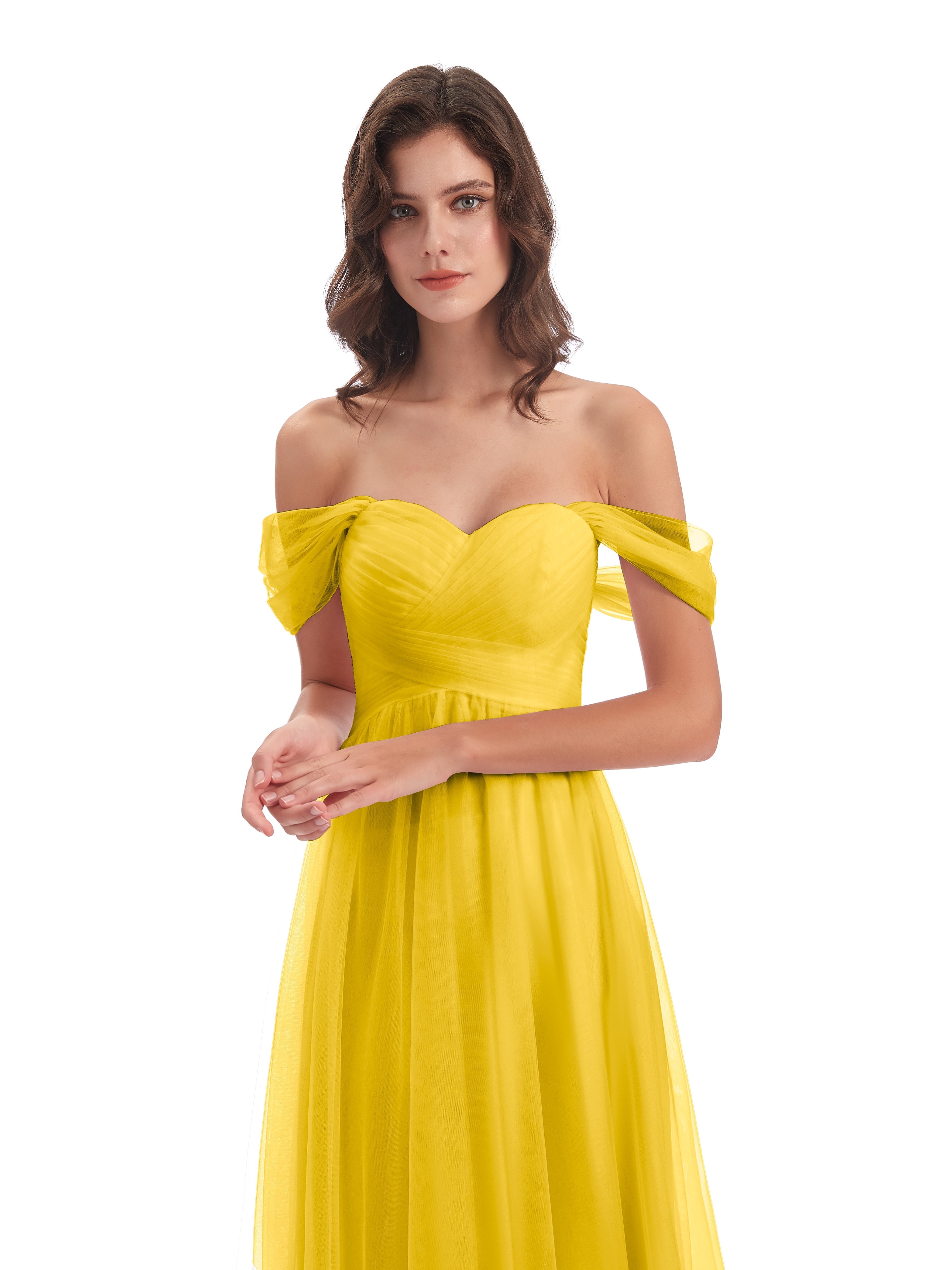 Robe De Demoiselle D'Honneur Souci Trapèze Hors-La-Épaule Tulle Longue Robes Demoiselle D'Honneur