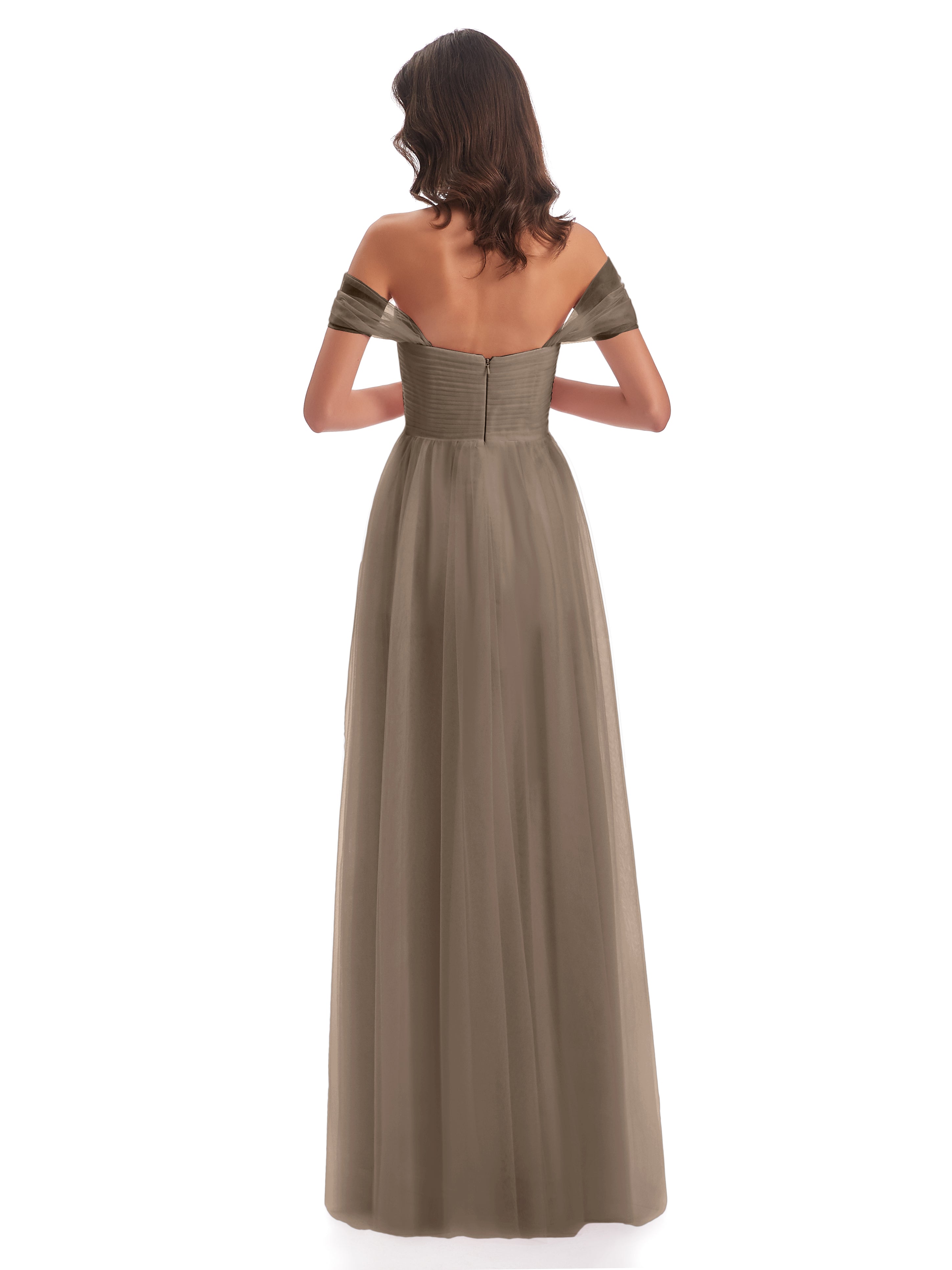 Robe Taupe Demoiselle D Honneur Trapèze Hors-La-Épaule Tulle Longue Robes Demoiselle D'Honneur