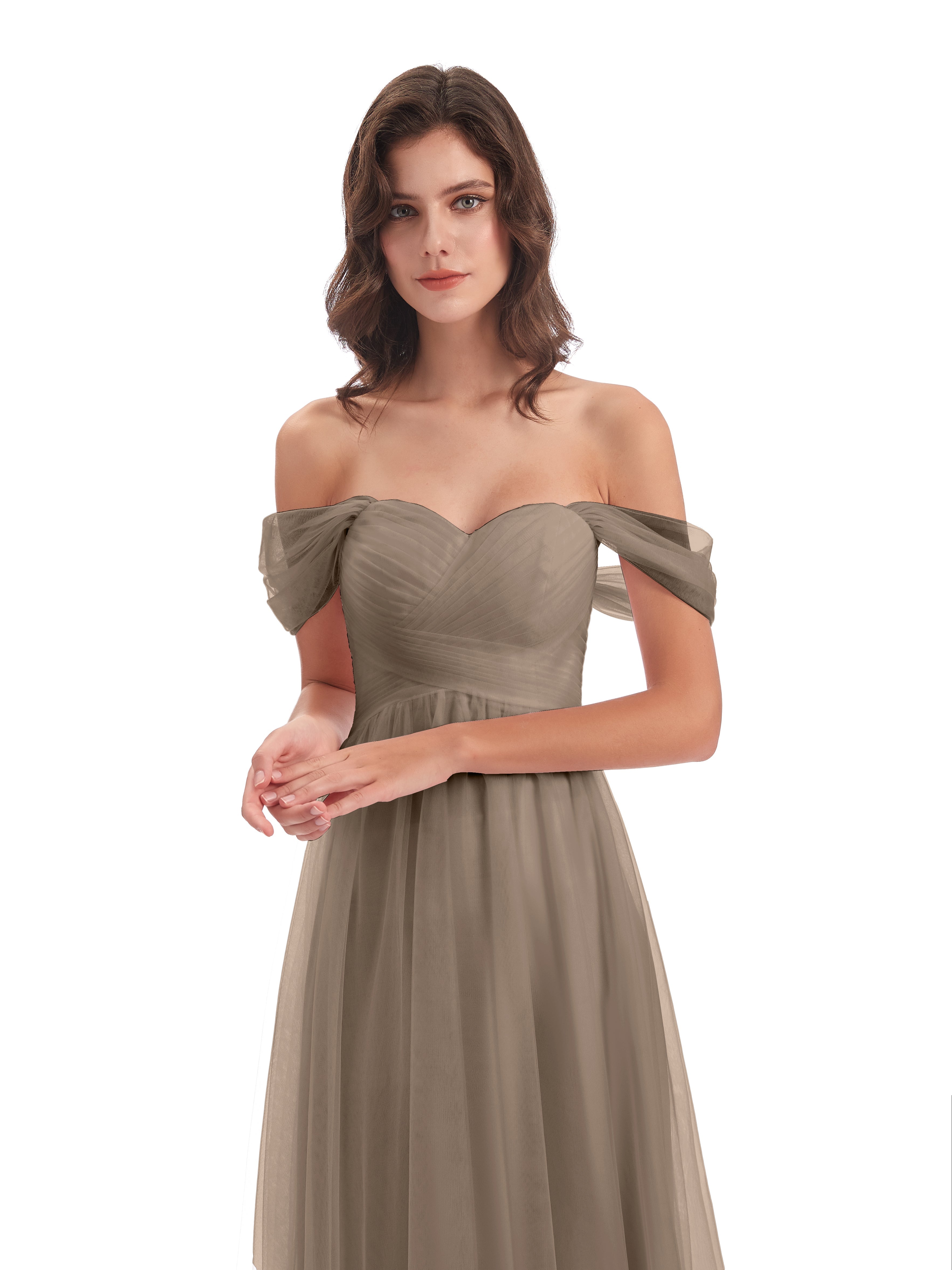 Robe Taupe Demoiselle D Honneur Trapèze Hors-La-Épaule Tulle Longue Robes Demoiselle D'Honneur
