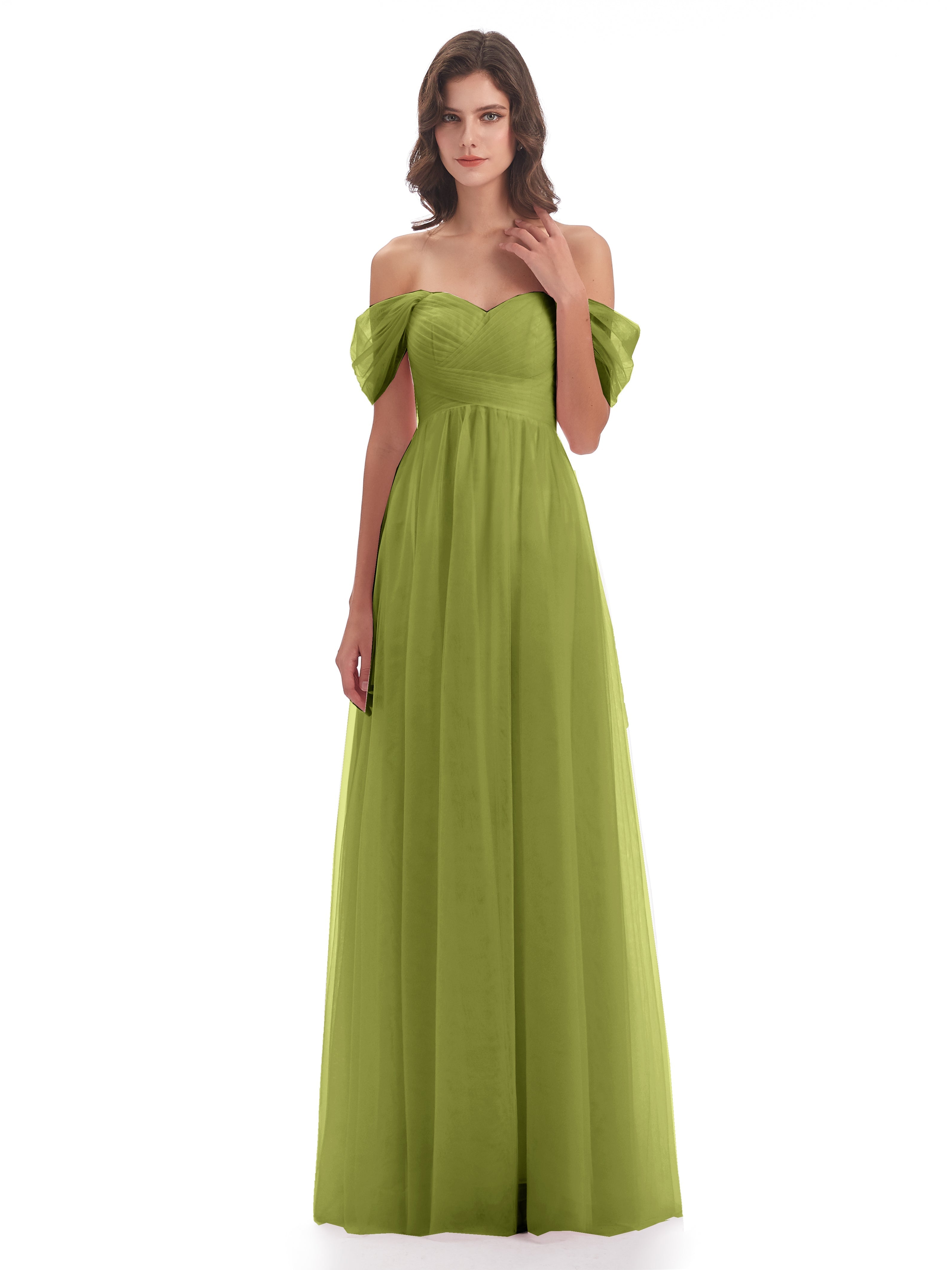 Robes De Demoiselle D'Honneur Trèfle Trapèze Hors-La-Épaule Tulle Longue Robes Demoiselle D'Honneur