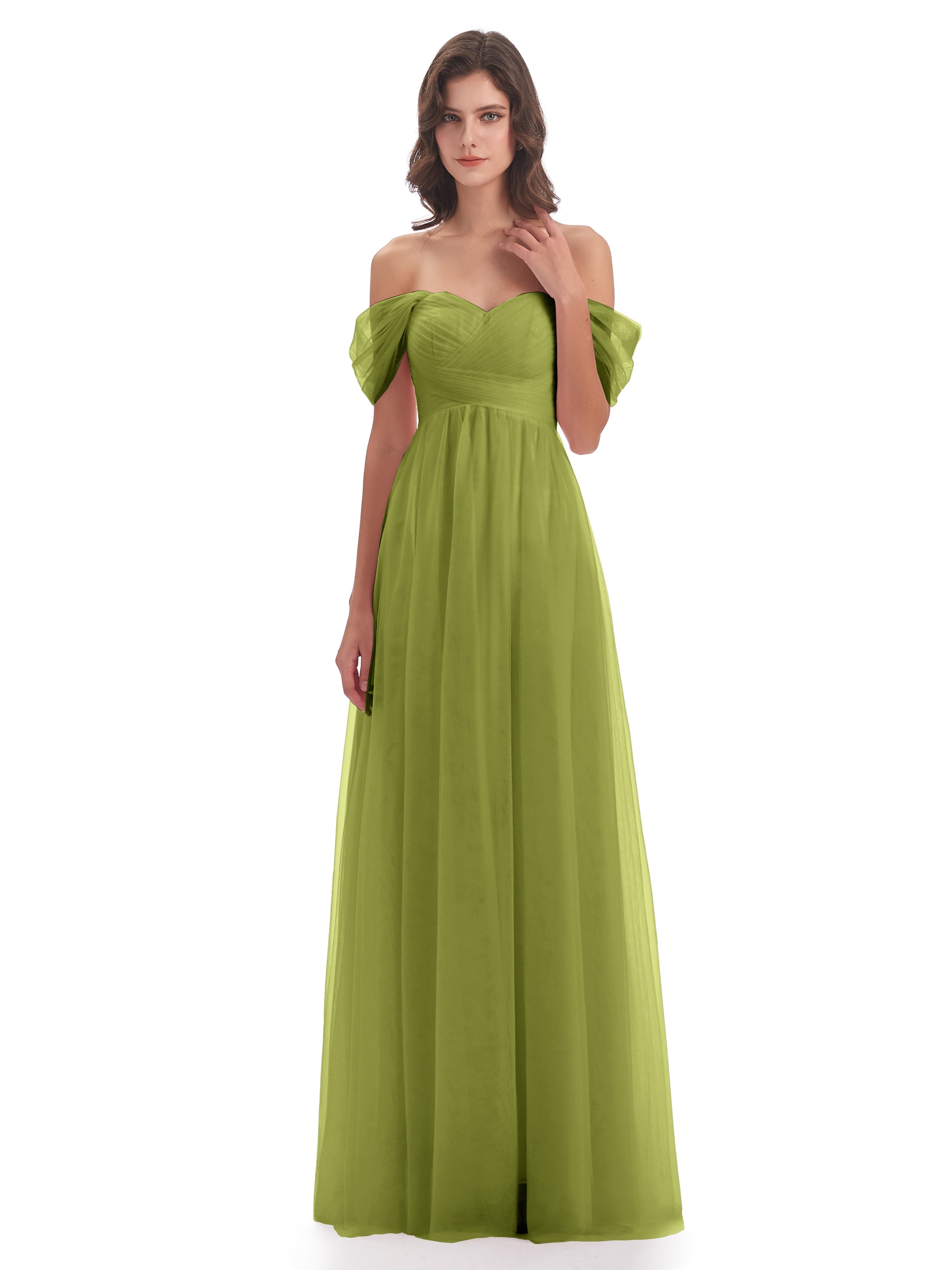 Robes De Demoiselle D'Honneur Trèfle Trapèze Hors-La-Épaule Tulle Longue Robes Demoiselle D'Honneur