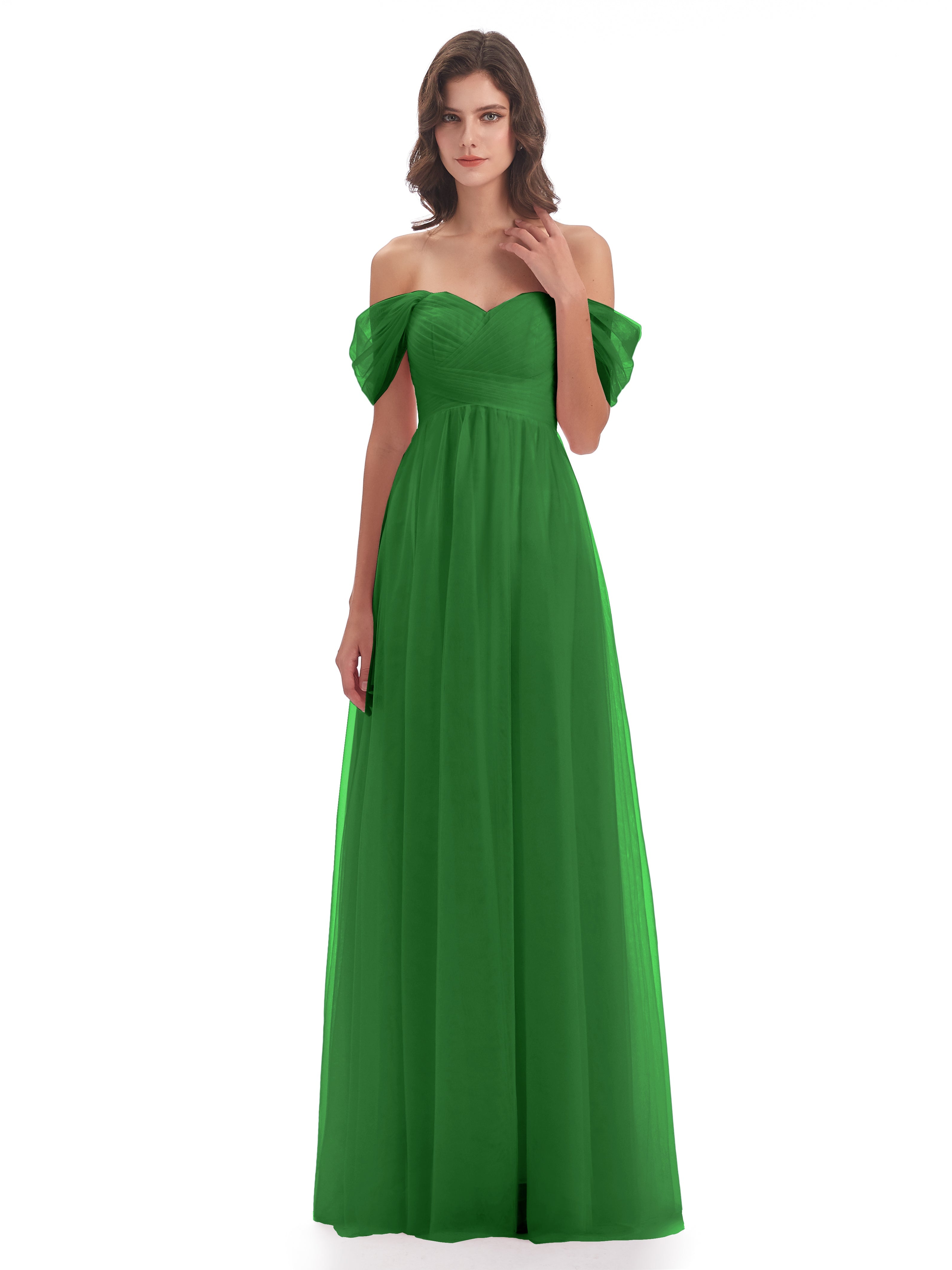 Robe Demoiselle D Honneur Verte Trapèze Hors-La-Épaule Tulle Longue Robes Demoiselle D'Honneur