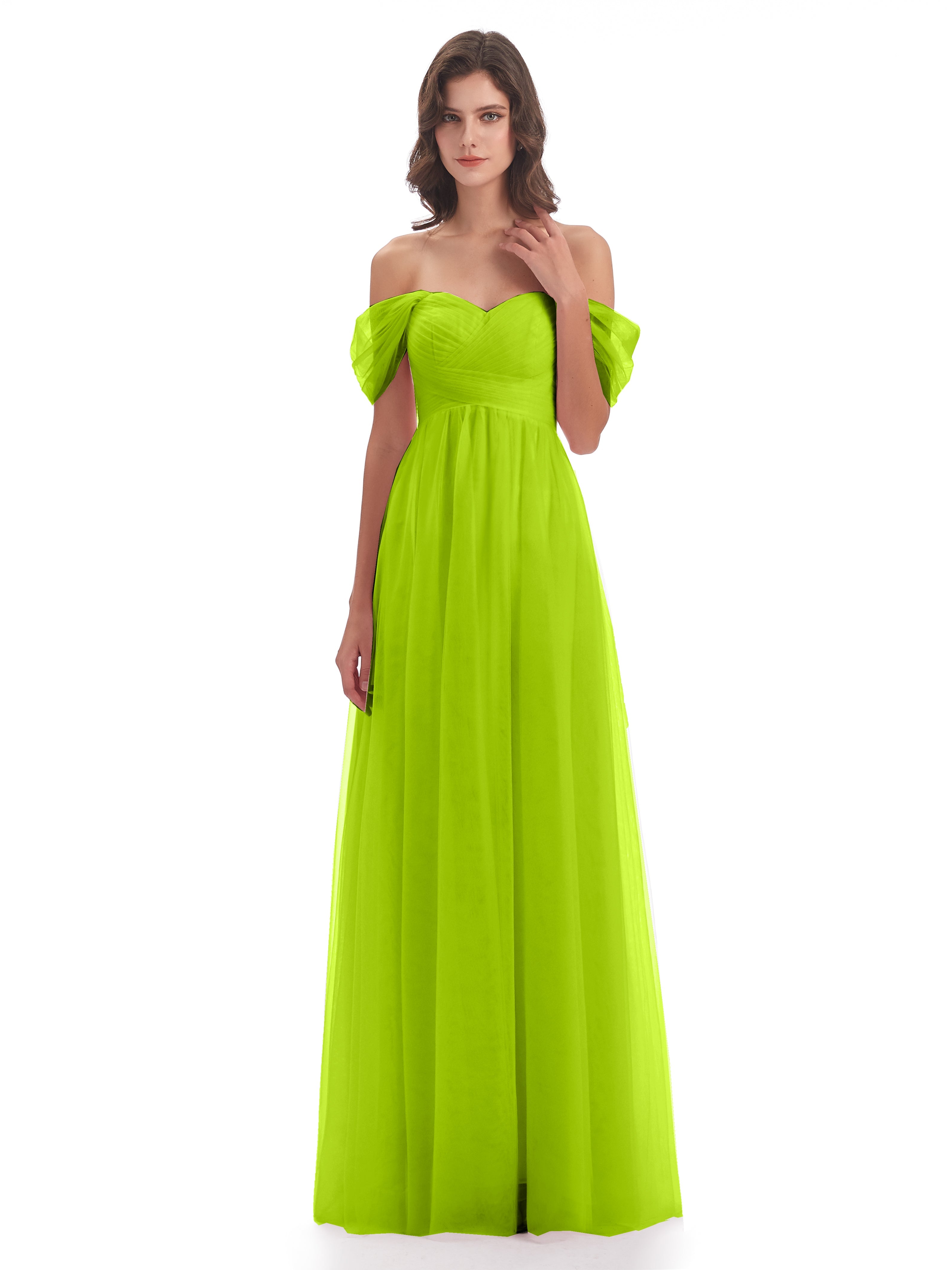 Robes De Demoiselle D'Honneur Vert Citron Trapèze Hors-La-Épaule Tulle Longue Robes Demoiselle D'Honneur