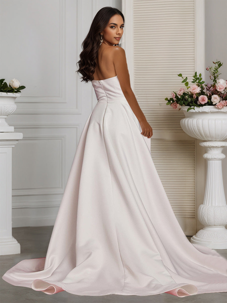 Cicinia Robe de Mariée Longue A-Line sans Bretelles Décolleté Cœur ruchée Fente Latérale avec Traîne Balayée
