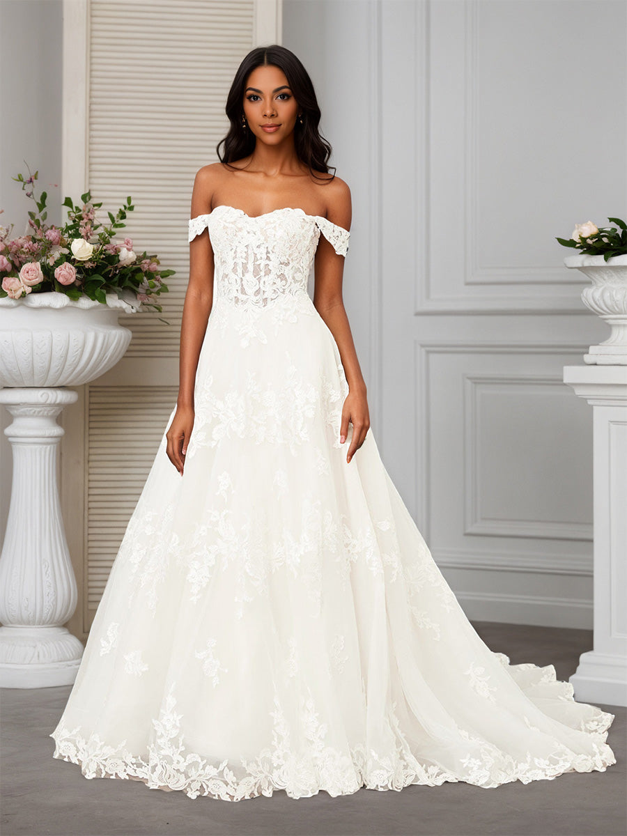 Cicinia Ivoire Robe de Mariée A-Line en Dentelle Appliqués Épaules Dénudées sans Manches Traîne Balayée