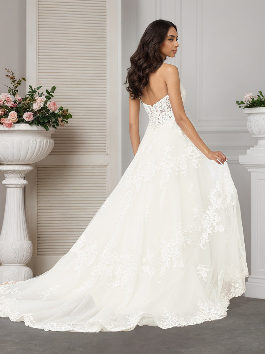 Cicinia Ivoire Robe de Mariée A-Line en Dentelle Appliqués Épaules Dénudées sans Manches Traîne Balayée