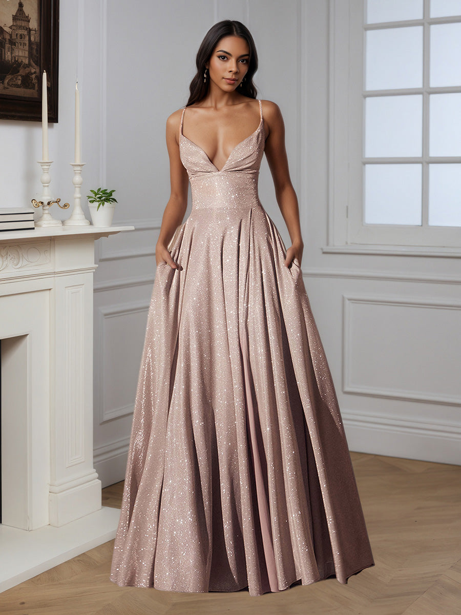 Cicinia Robe de Soirée ROSE PERLE Longue A-Line à Bretelles Spaghetti Longueur Sol Élégante