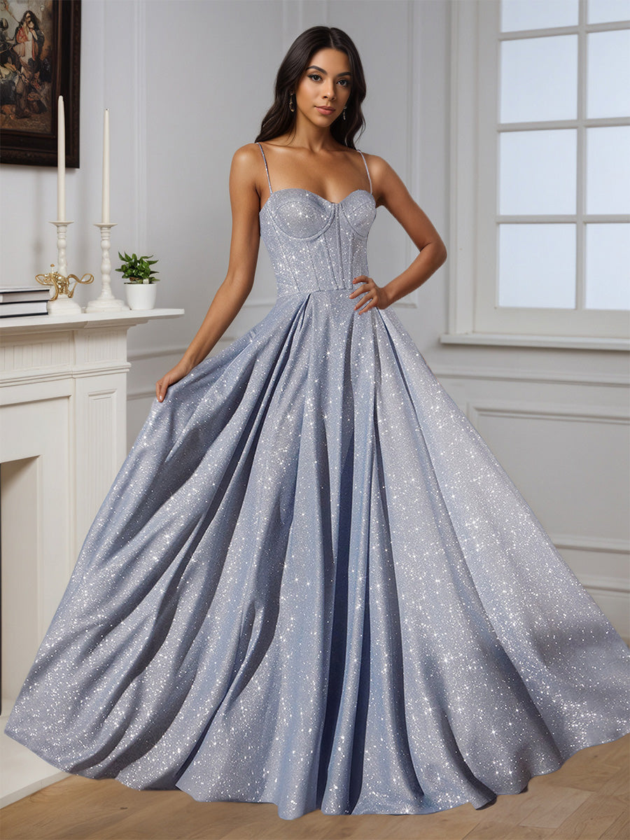Cicinia ARGENT Robe de Soirée Longue A-Line à Bretelles Spaghetti Décolleté Cœur