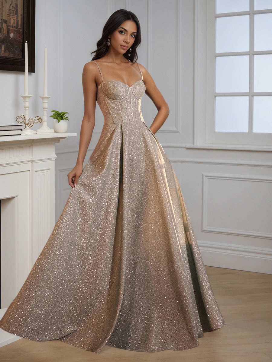 Cicinia Champagne Robe de Soirée Longue A-Line à Bretelles Spaghetti Décolleté Cœur