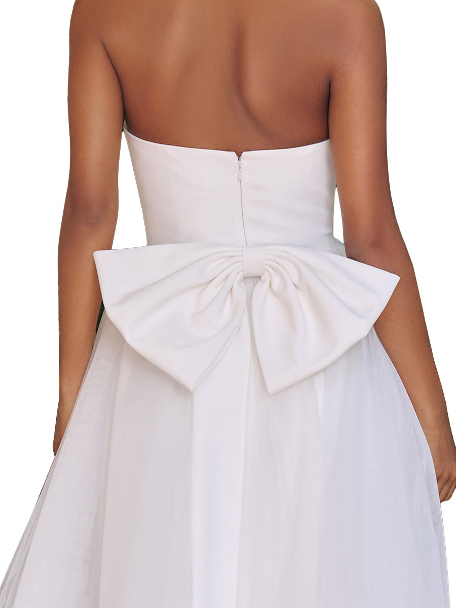 Cicinia Robe de Mariée en Tulle sans Bretelles Longueur Cheville Fermeture Dos à Glissière avec Nœud Papillon Épurée