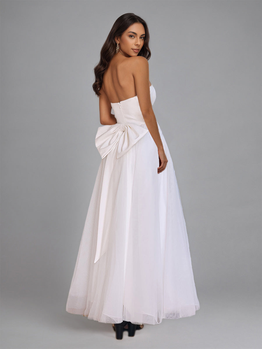 Cicinia Robe de Mariée en Tulle sans Bretelles Longueur Cheville Fermeture Dos à Glissière avec Nœud Papillon Épurée