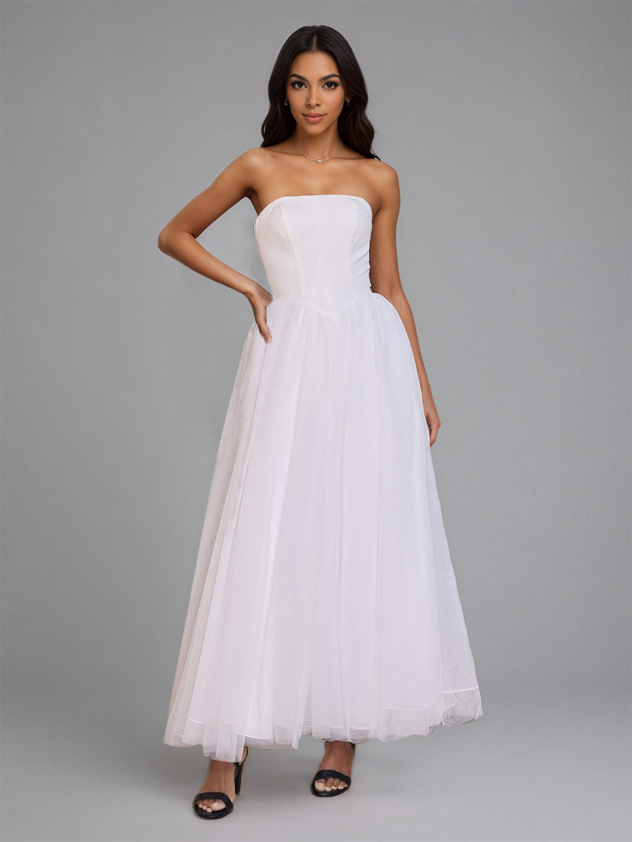 Cicinia Robe de Mariée en Tulle sans Bretelles Longueur Cheville Fermeture Dos à Glissière avec Nœud Papillon Épurée
