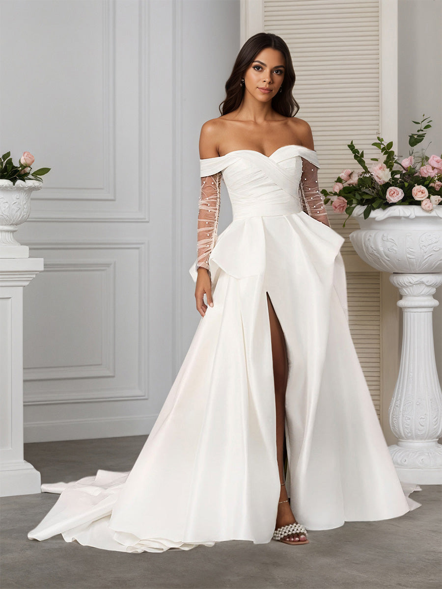Cicinia Ivoire Robe de Mariée Longue en Satin à Plis Épaules Dénudées à Manches Longues en Tulle Élégante