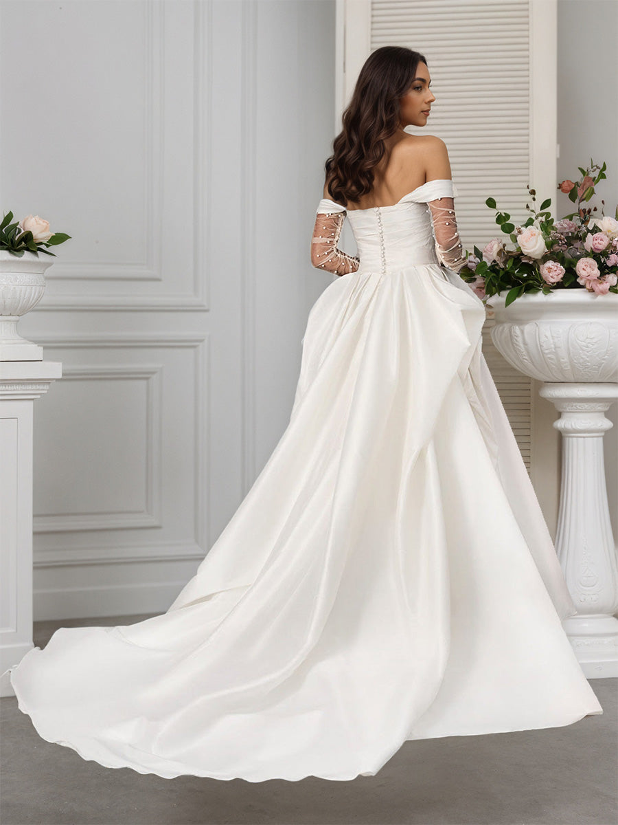 Cicinia Ivoire Robe de Mariée Longue en Satin à Plis Épaules Dénudées à Manches Longues en Tulle Élégante