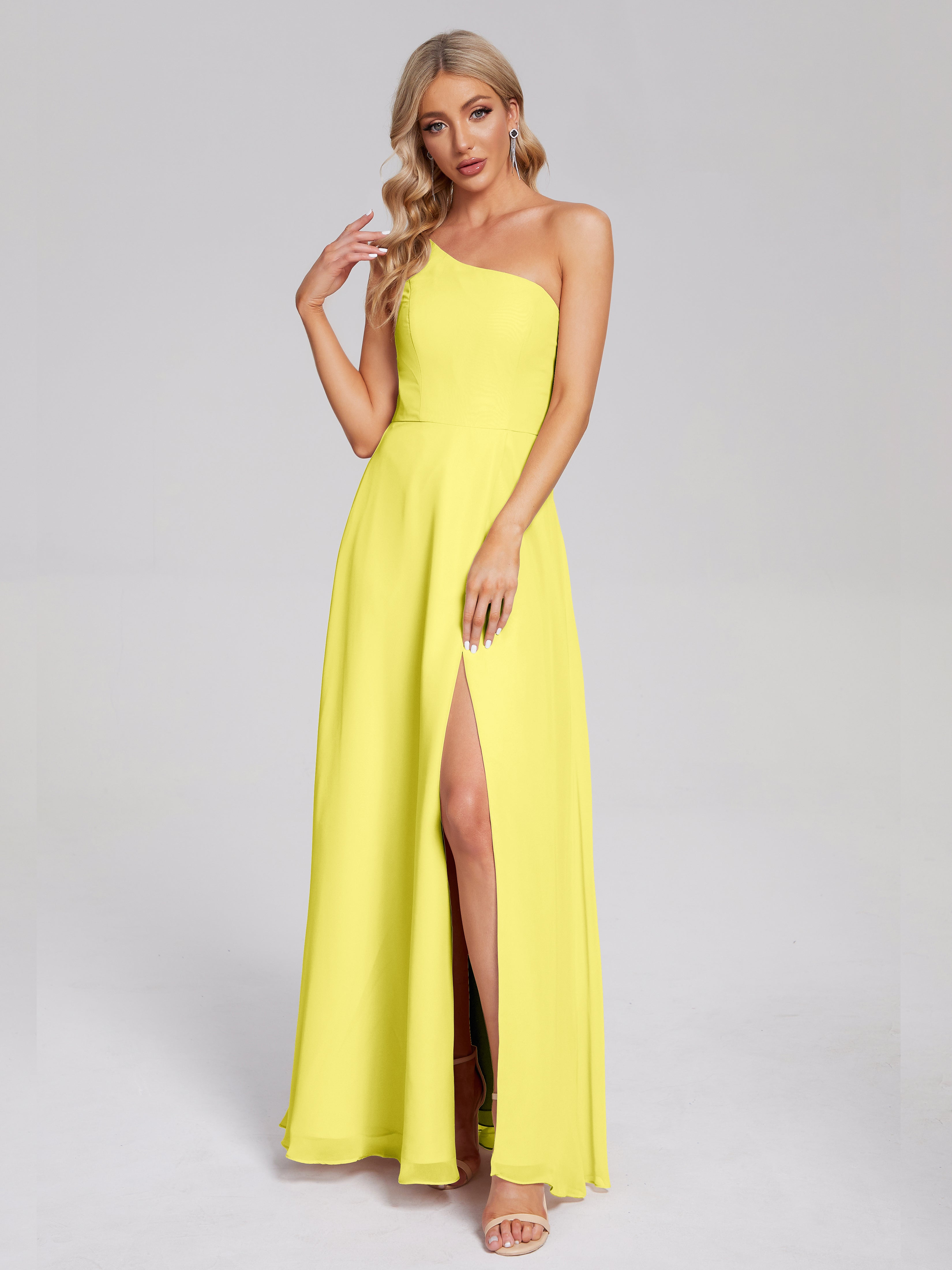 Robes De Demoiselle D'Honneur Citron Fendue Seule-Épaule Simple Mousseline Robes Demoiselle D'Honneur