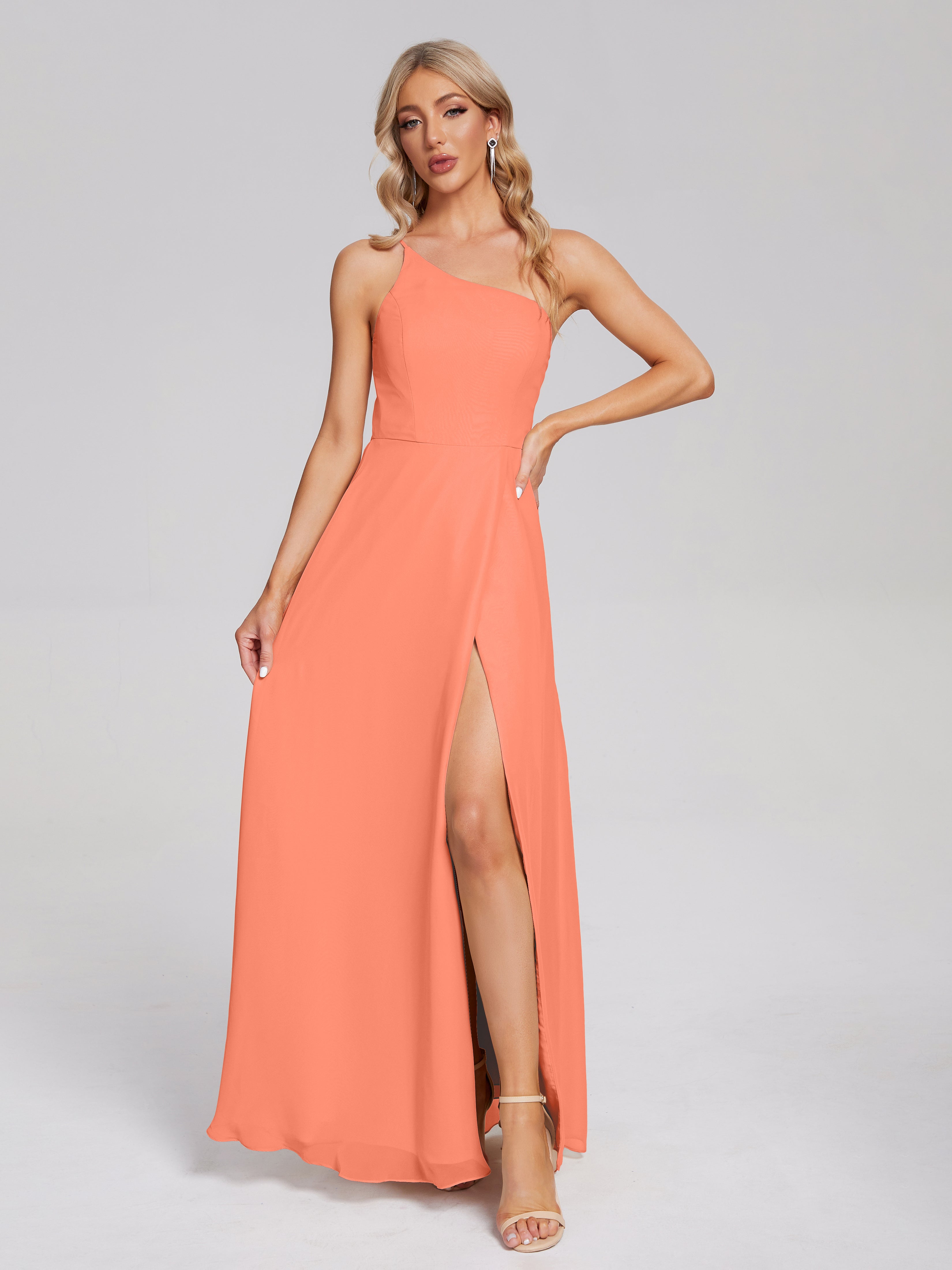 Robes De Demoiselle D'Honneur Coucher De Soleil Fendue Seule-Épaule Simple Mousseline Robes Demoiselle D'Honneur