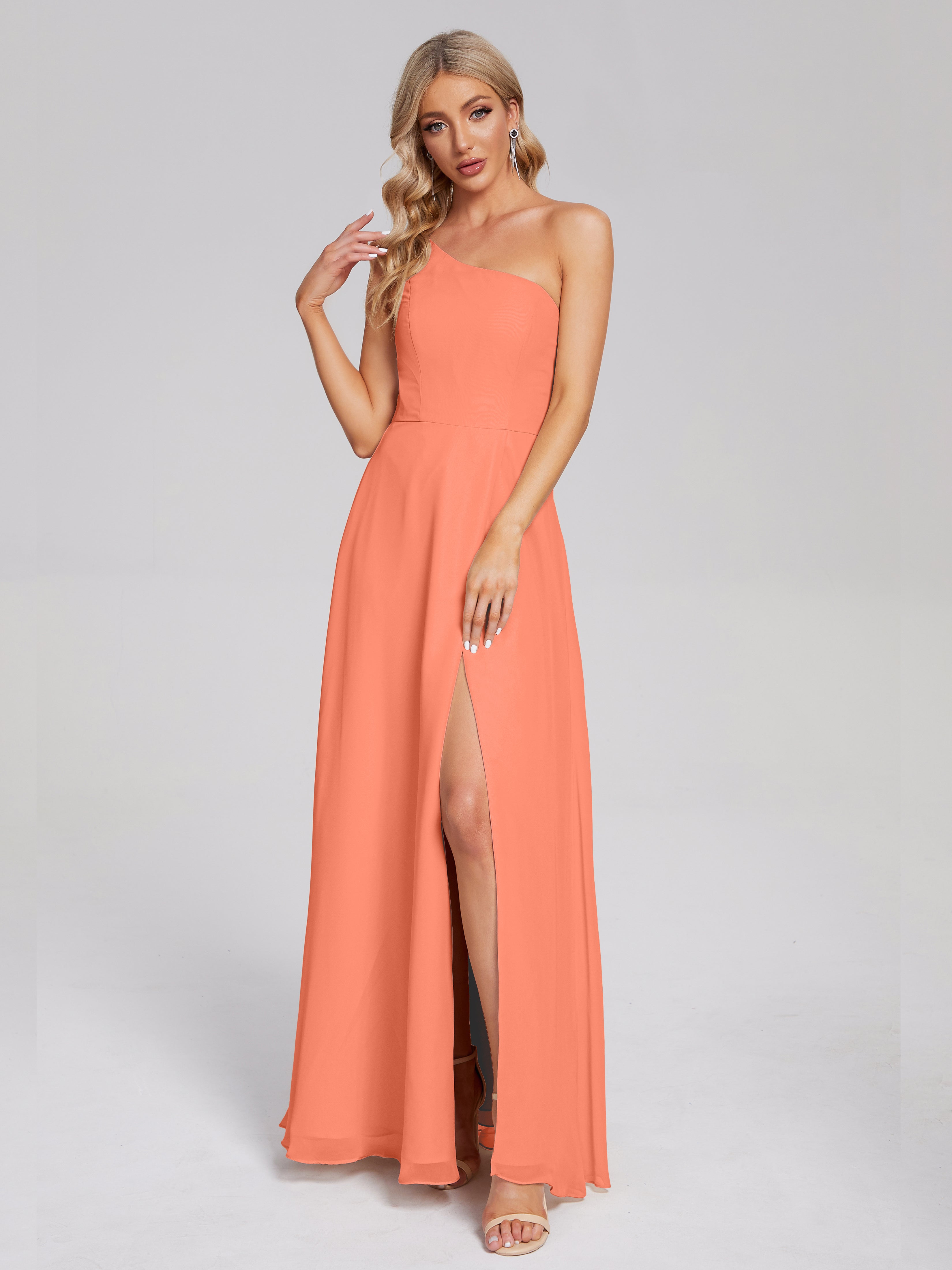 Robes De Demoiselle D'Honneur Coucher De Soleil Fendue Seule-Épaule Simple Mousseline Robes Demoiselle D'Honneur
