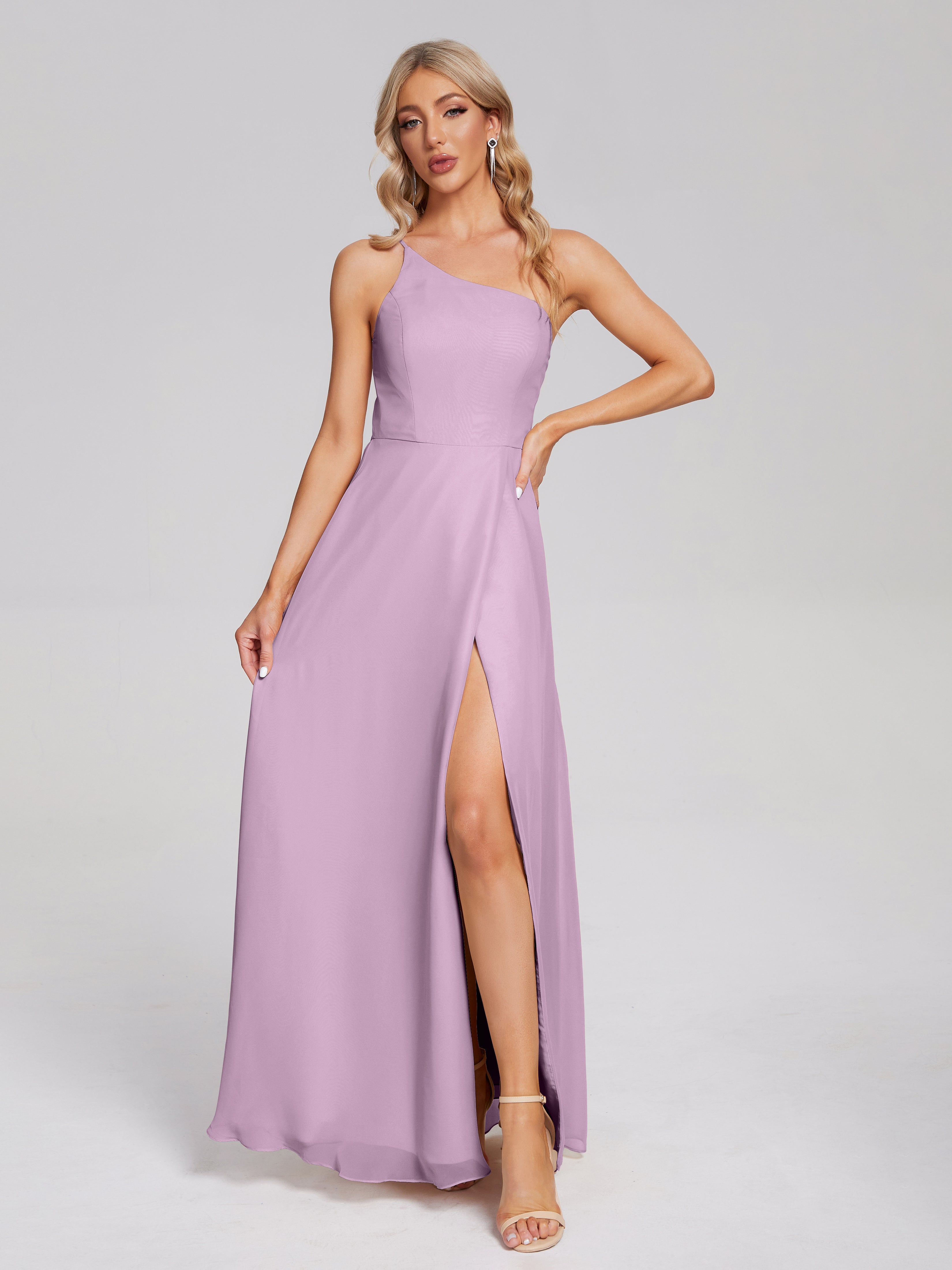 Robes De Demoiselle D'Honneur Glycine Fendue Seule-Épaule Simple Mousseline Robes Demoiselle D'Honneur
