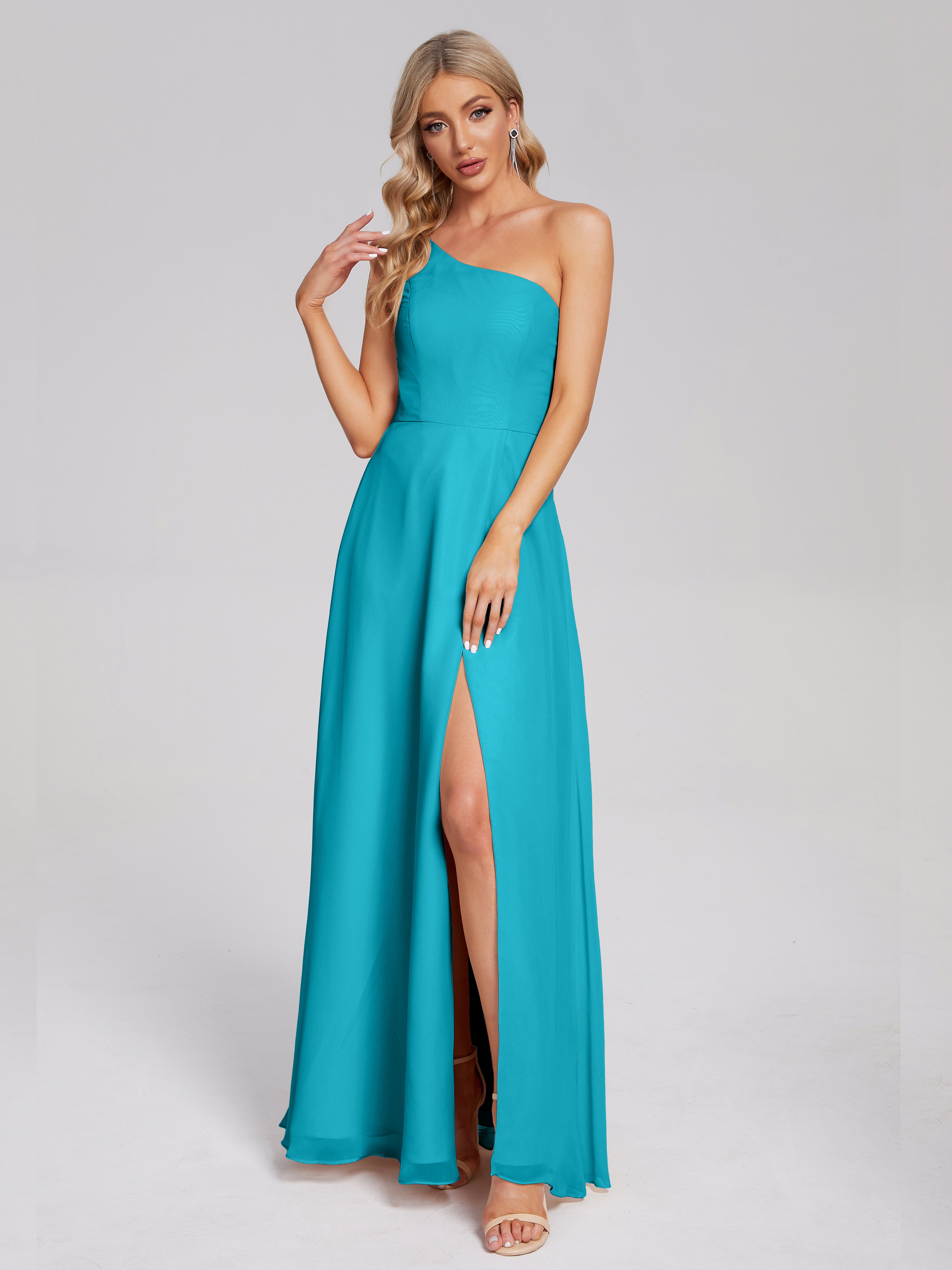 Robes De Demoiselle D'Honneur Vert Jade Fendue Seule-Épaule Simple Mousseline Robes Demoiselle D'Honneur