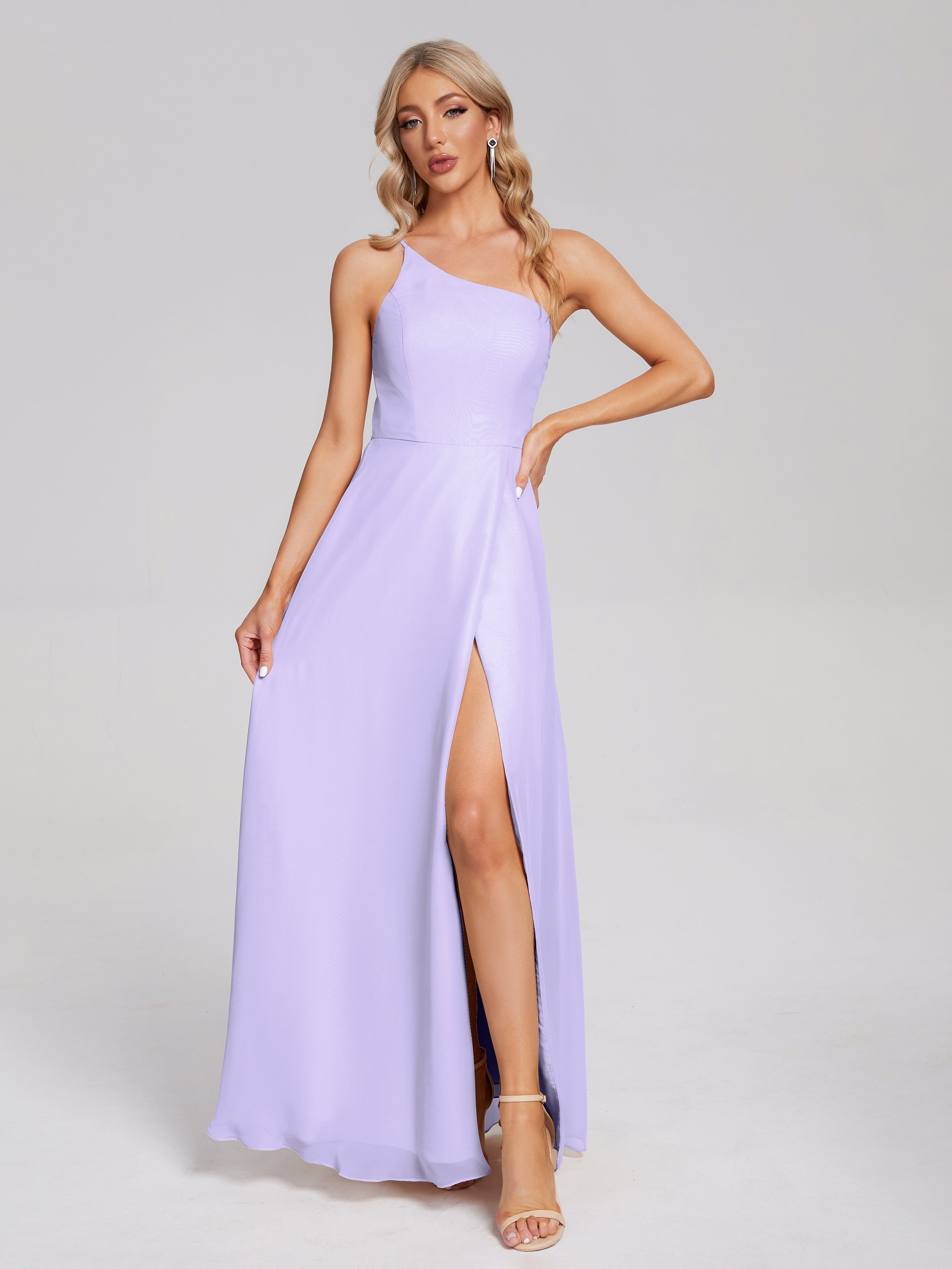 Robe Demoiselle D Honneur Lilas Fendue Seule-Épaule Simple Mousseline Robes Demoiselle D'Honneur