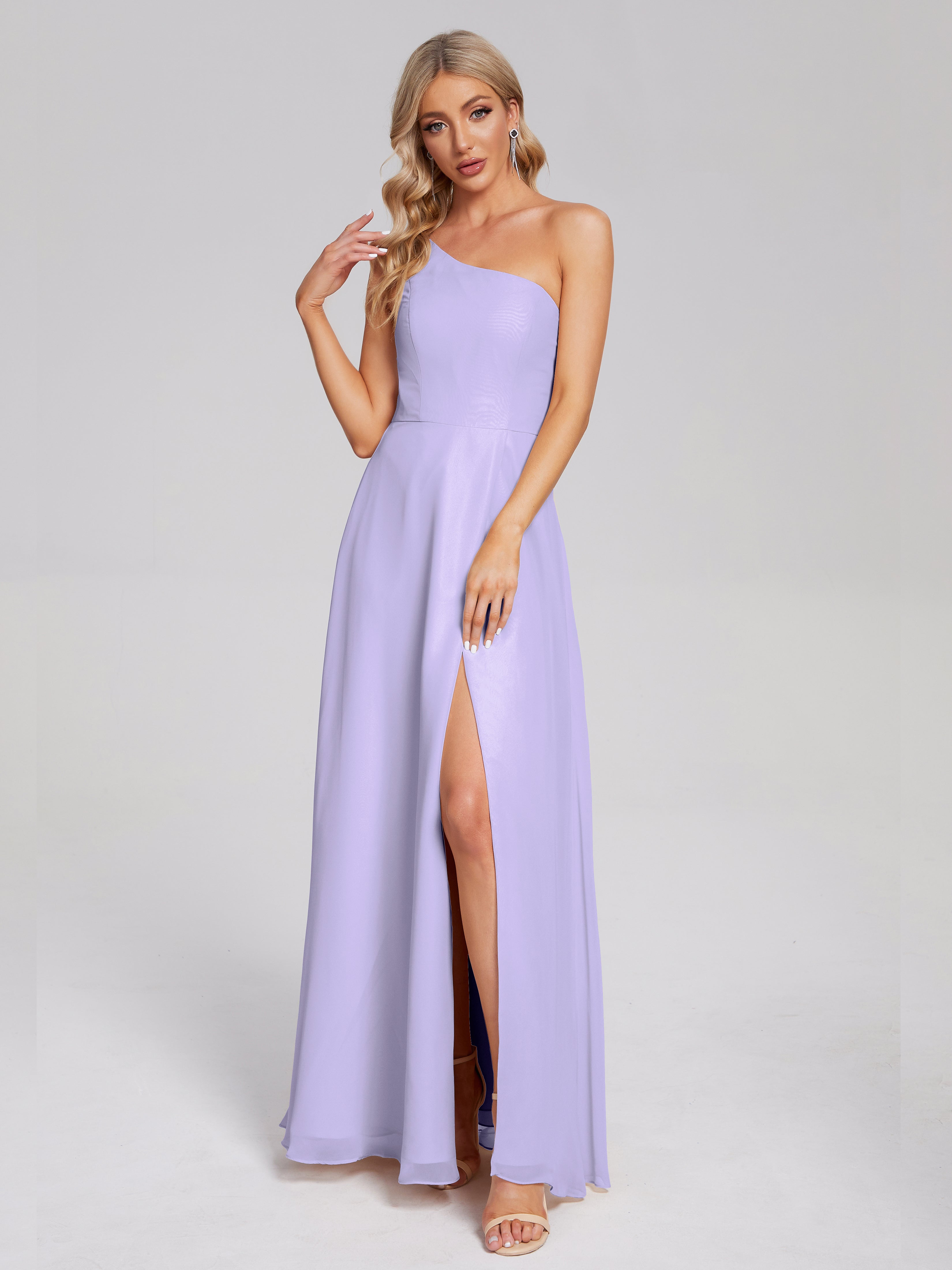 Robe Demoiselle D Honneur Lilas Fendue Seule-Épaule Simple Mousseline Robes Demoiselle D'Honneur