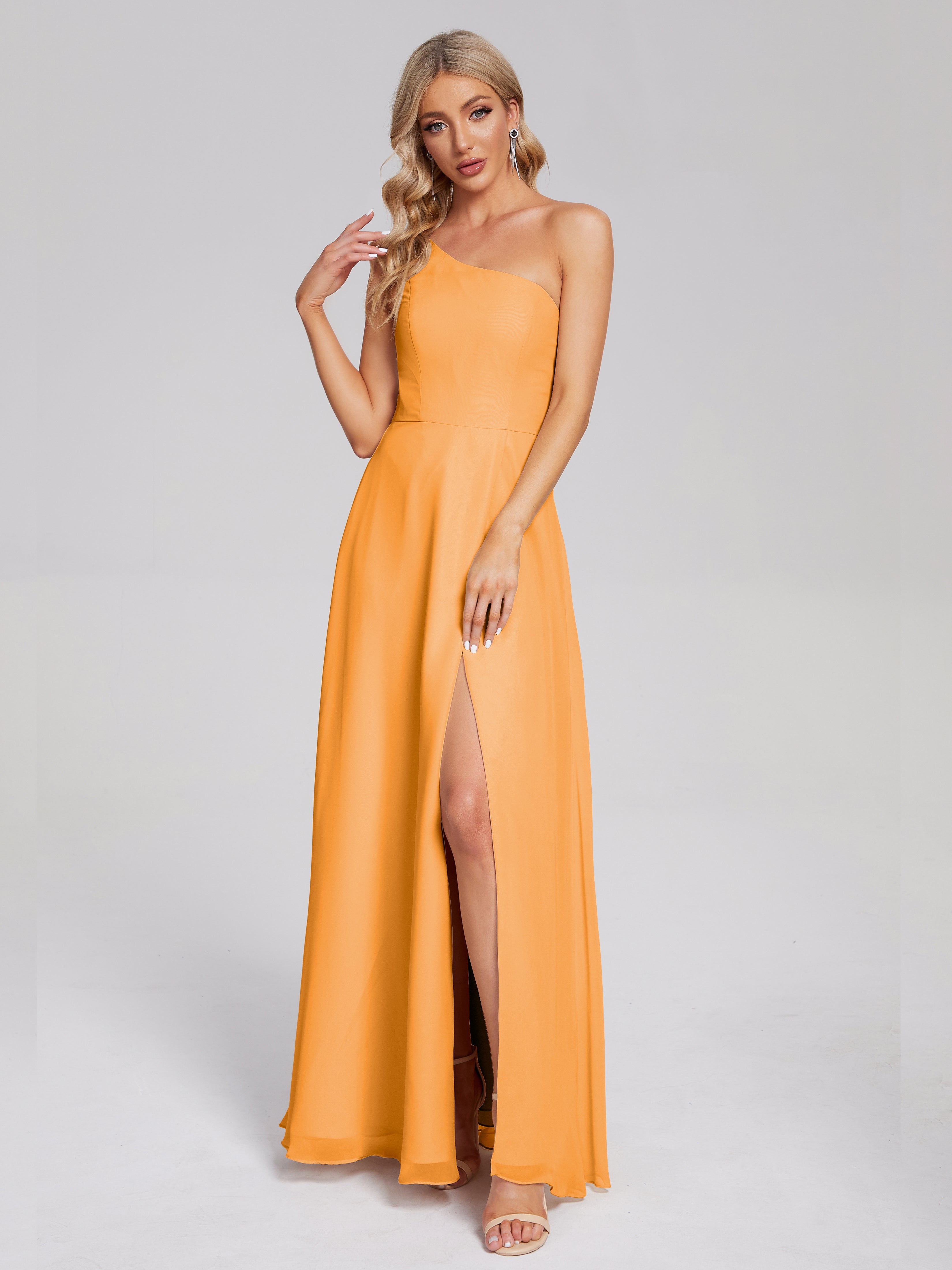 Robes De Demoiselle D'Honneur Mandarine Fendue Seule-Épaule Simple Mousseline Robes Demoiselle D'Honneur