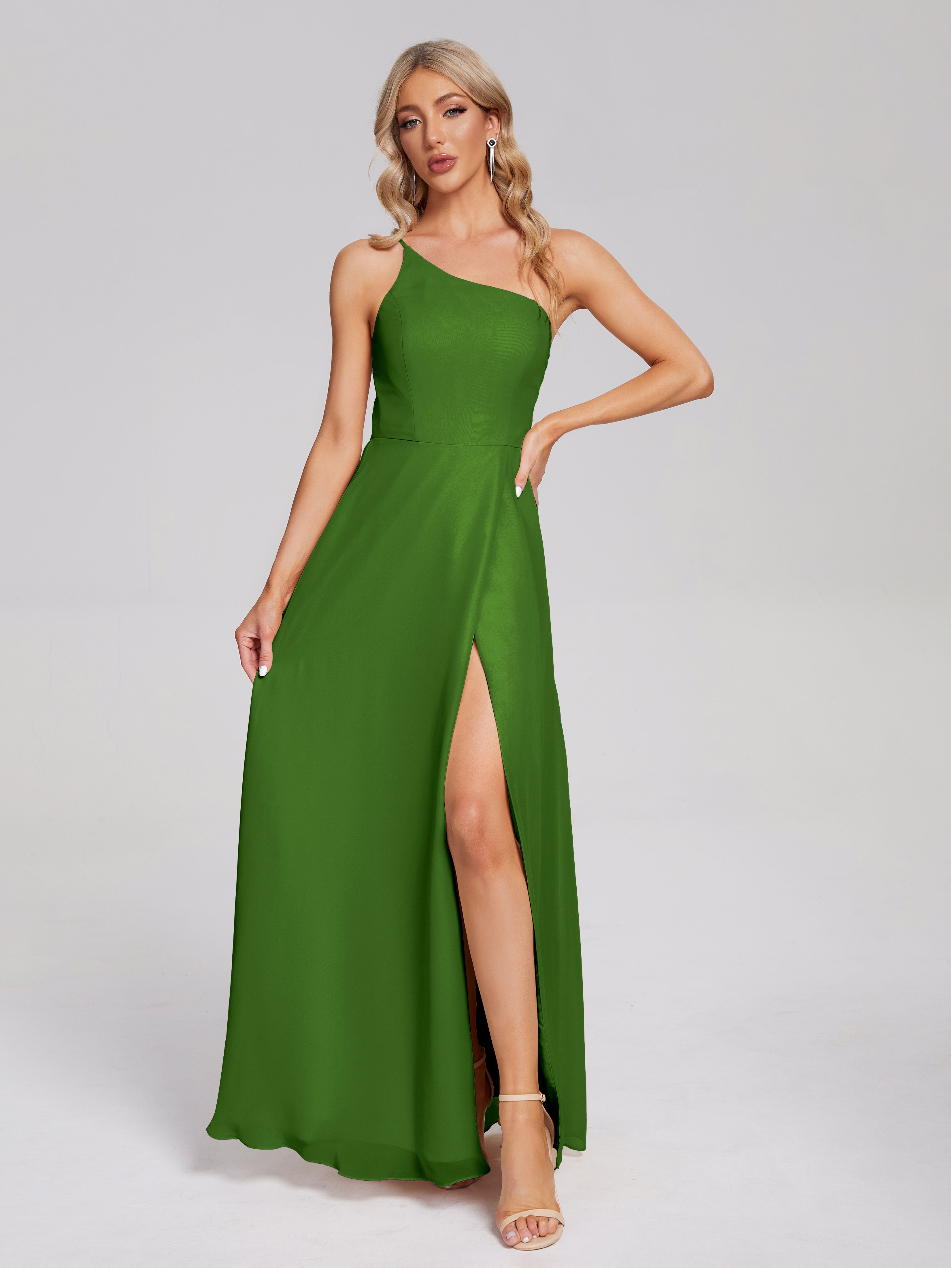 Robes De Demoiselle D'Honneur Vert Mousse Fendue Seule-Épaule Simple Mousseline Robes Demoiselle D'Honneur