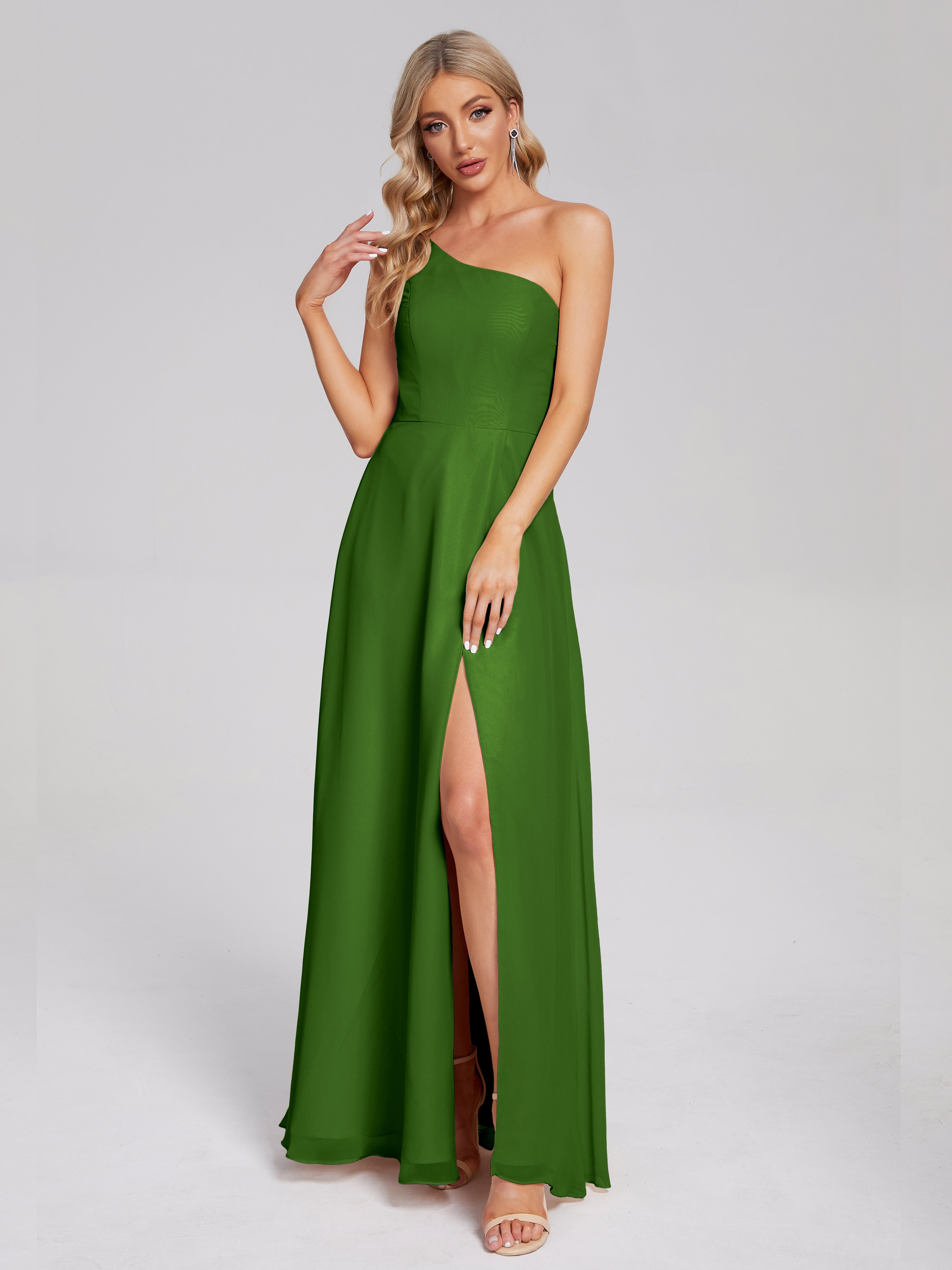 Robes De Demoiselle D'Honneur Vert Mousse Fendue Seule-Épaule Simple Mousseline Robes Demoiselle D'Honneur