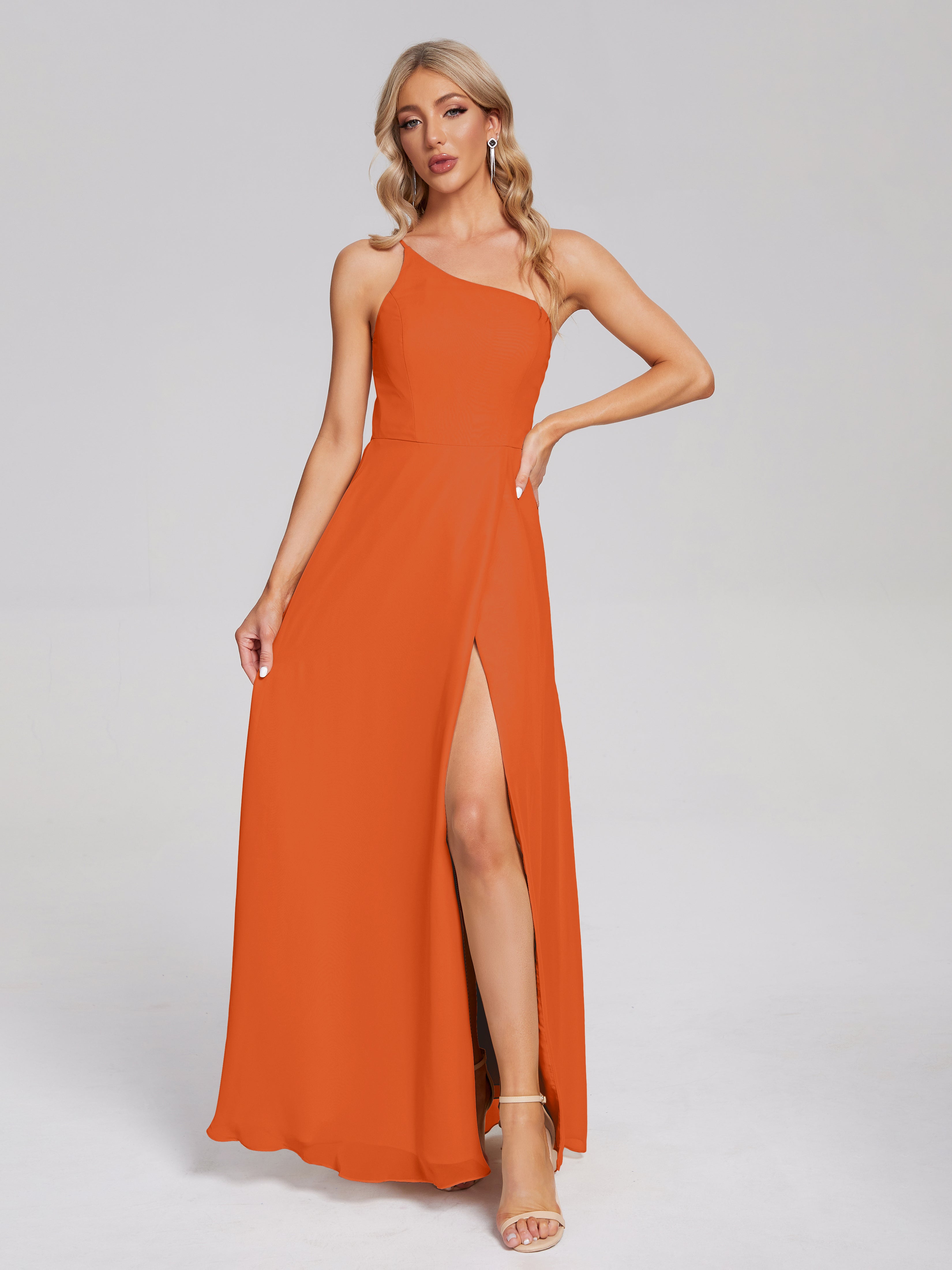 Robes De Demoiselle D'Honneur Orange Foncé Fendue Seule-Épaule Simple Mousseline Robes Demoiselle D'Honneur
