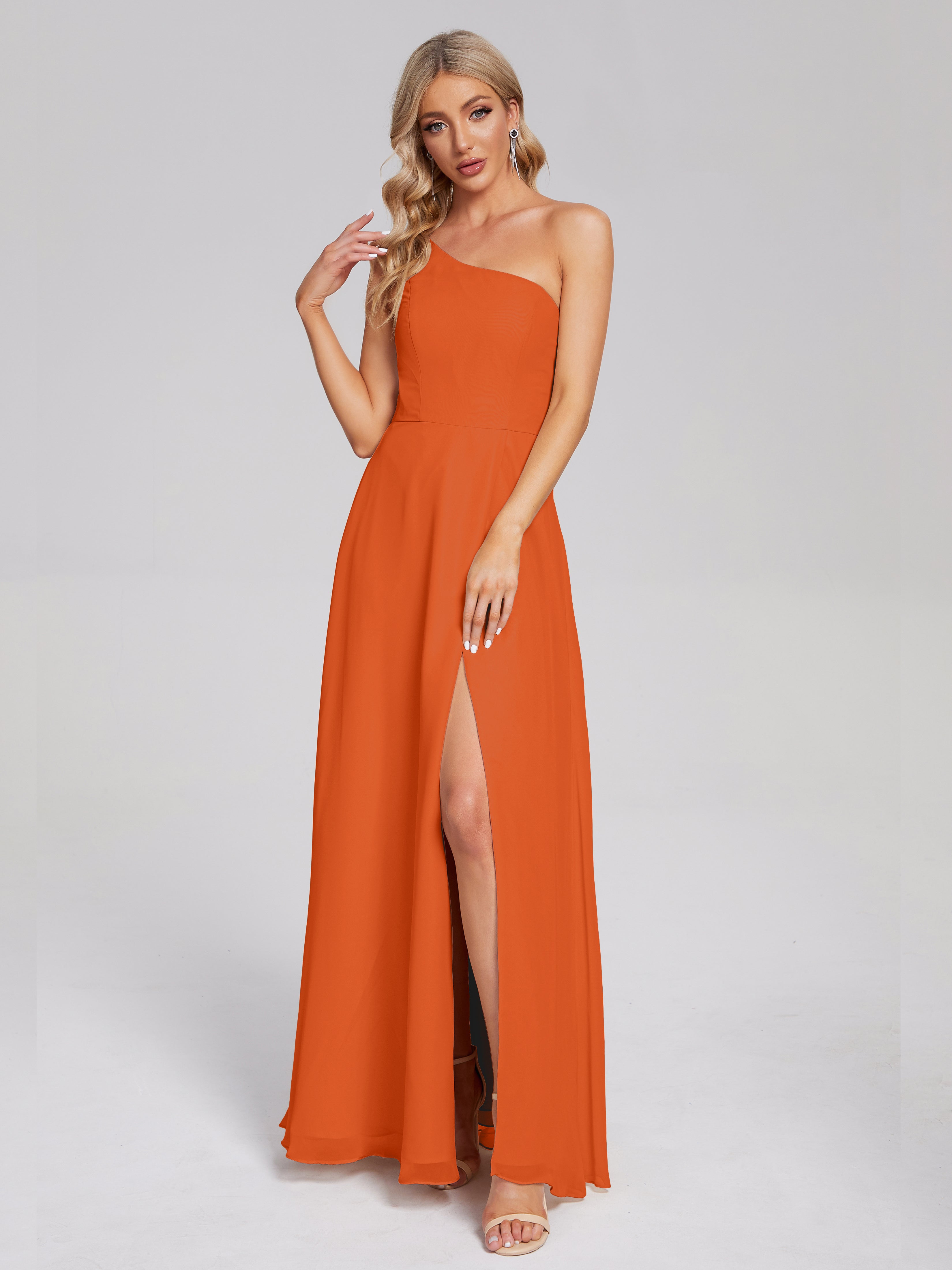 Robes De Demoiselle D'Honneur Orange Foncé Fendue Seule-Épaule Simple Mousseline Robes Demoiselle D'Honneur